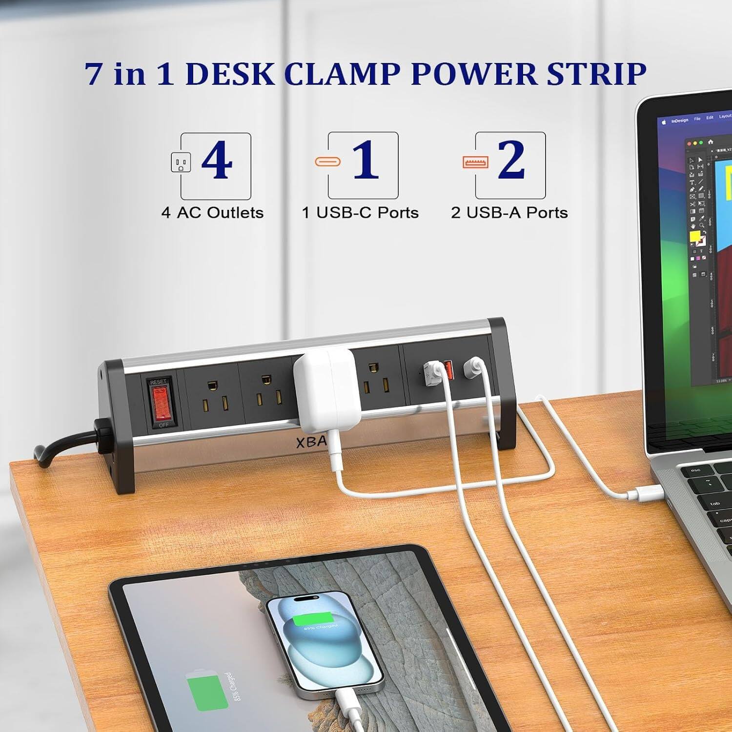 7 in 1 DESK CLAMP POWER STRIP

4 AC Outlets  
1 USB-C Port  
2 USB-A Ports