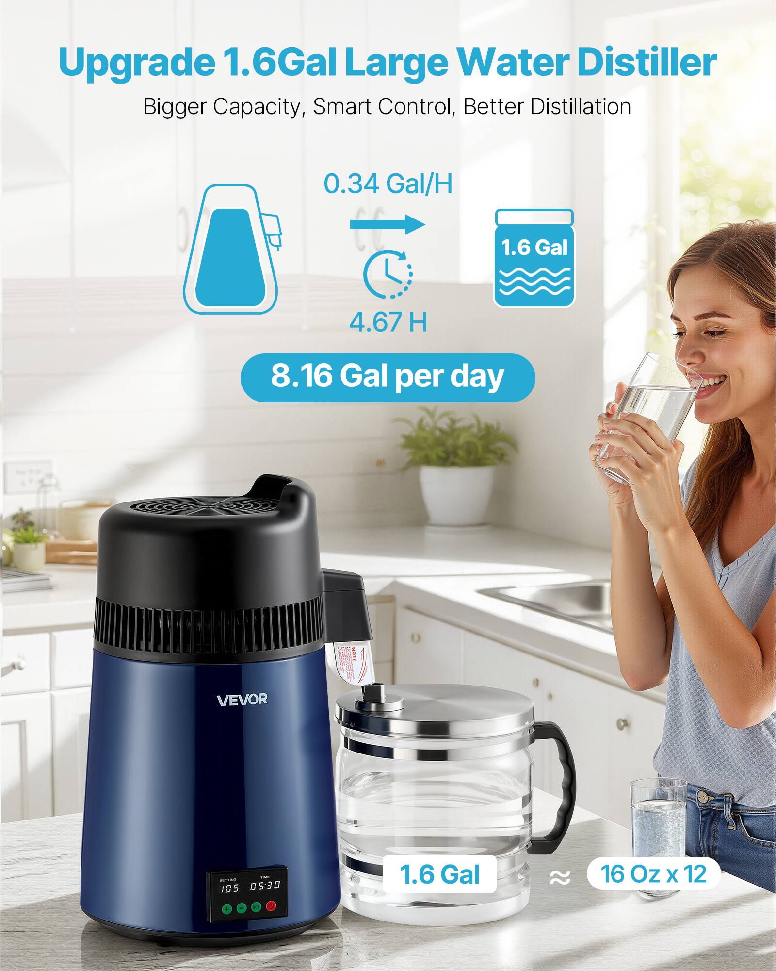 Upgrade 1.6Gal Large Water Distiller  
Bigger Capacity, Smart Control, Better Distillation  

0.34 Gal/H  
1.6 Gal  
4.67 H  
8.16 Gal per day  

VEVOR  

1.6 Gal  

16 Oz x 12