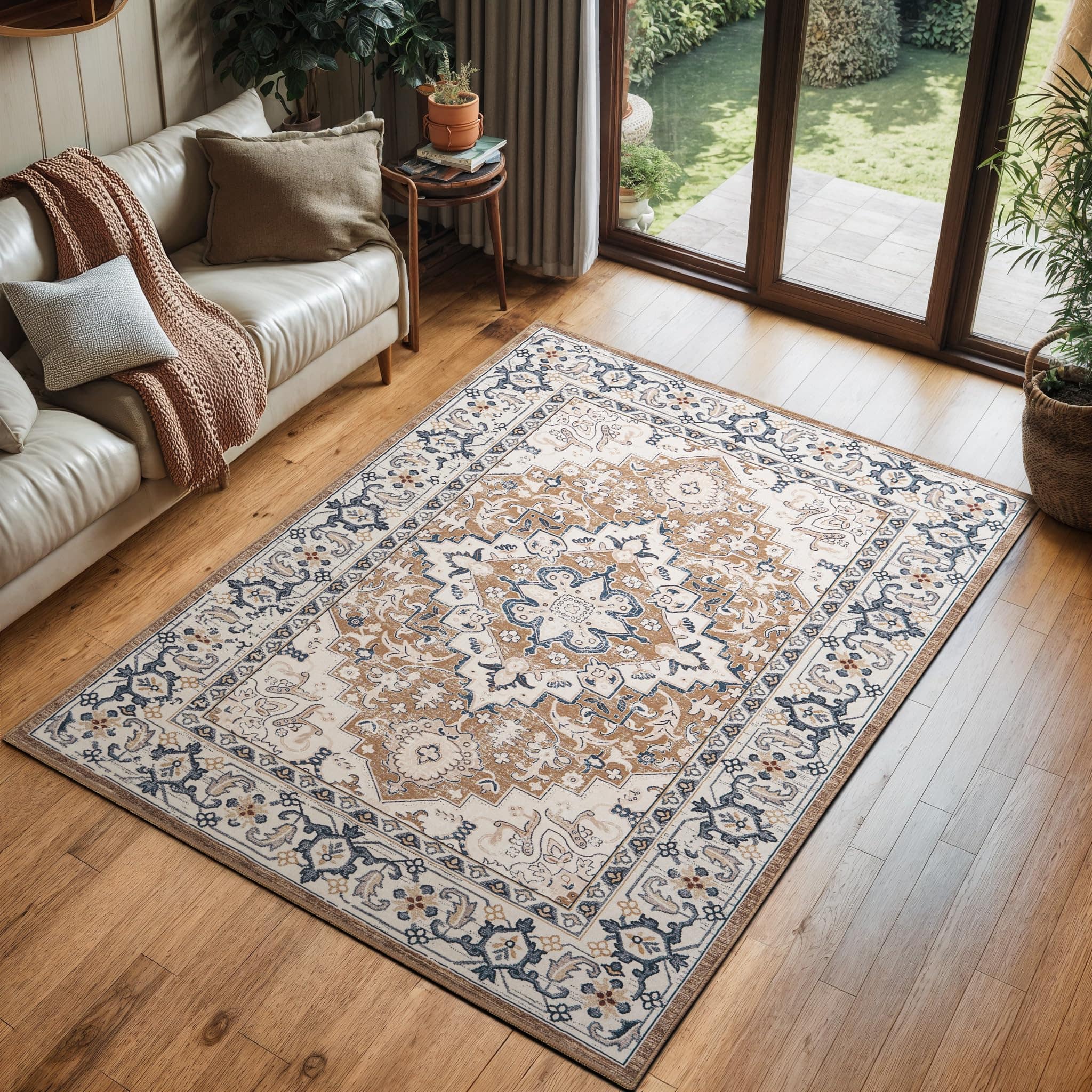 PARKER SLATER - 5x7 Area Rugs Living Room Washable Rug Bedroom Kitchen Vintage Boho Carpet Soft Non Slip Low Pile Large Office Dining - Floral Brown