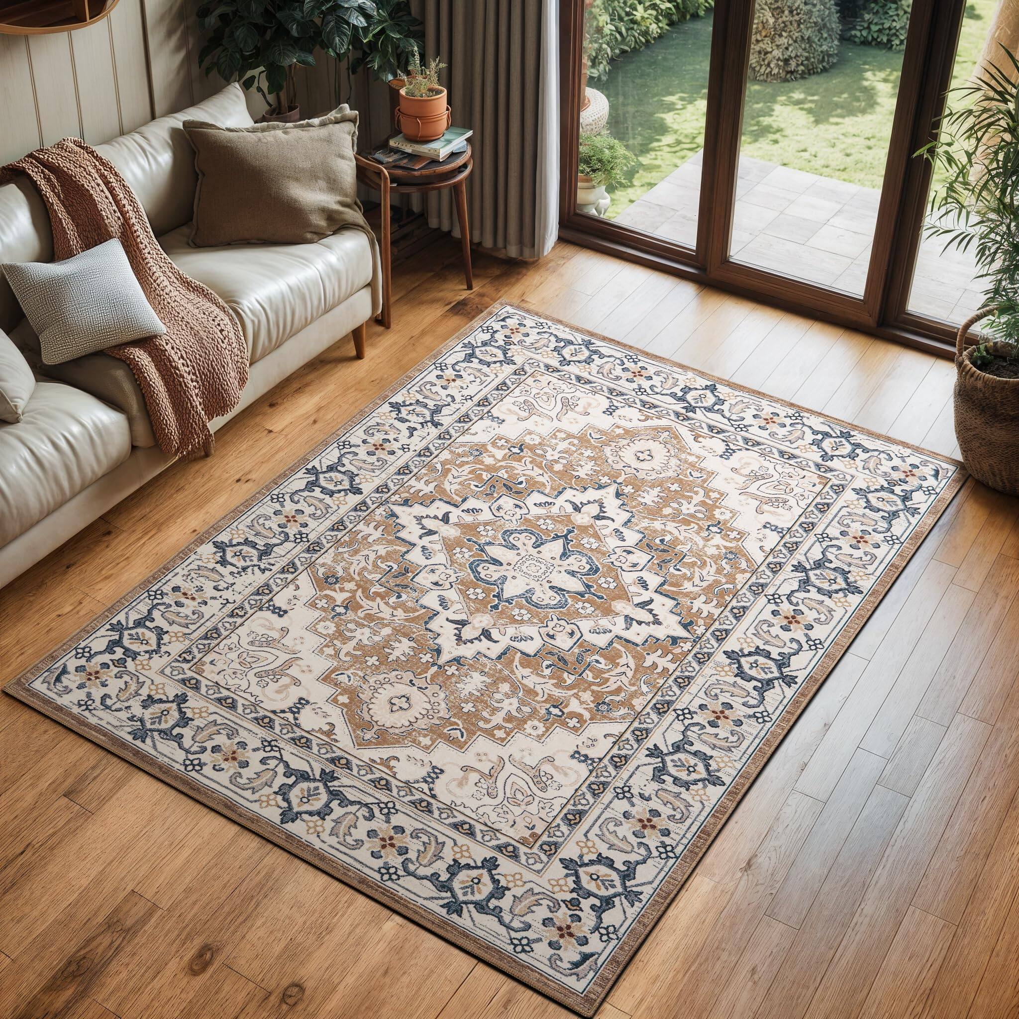 Front. PARKER SLATER - 5x7 Area Rugs Living Room Washable Rug Bedroom Kitchen Vintage Boho Carpet Soft Non Slip Low Pile Large Office Dining - Floral Brown.