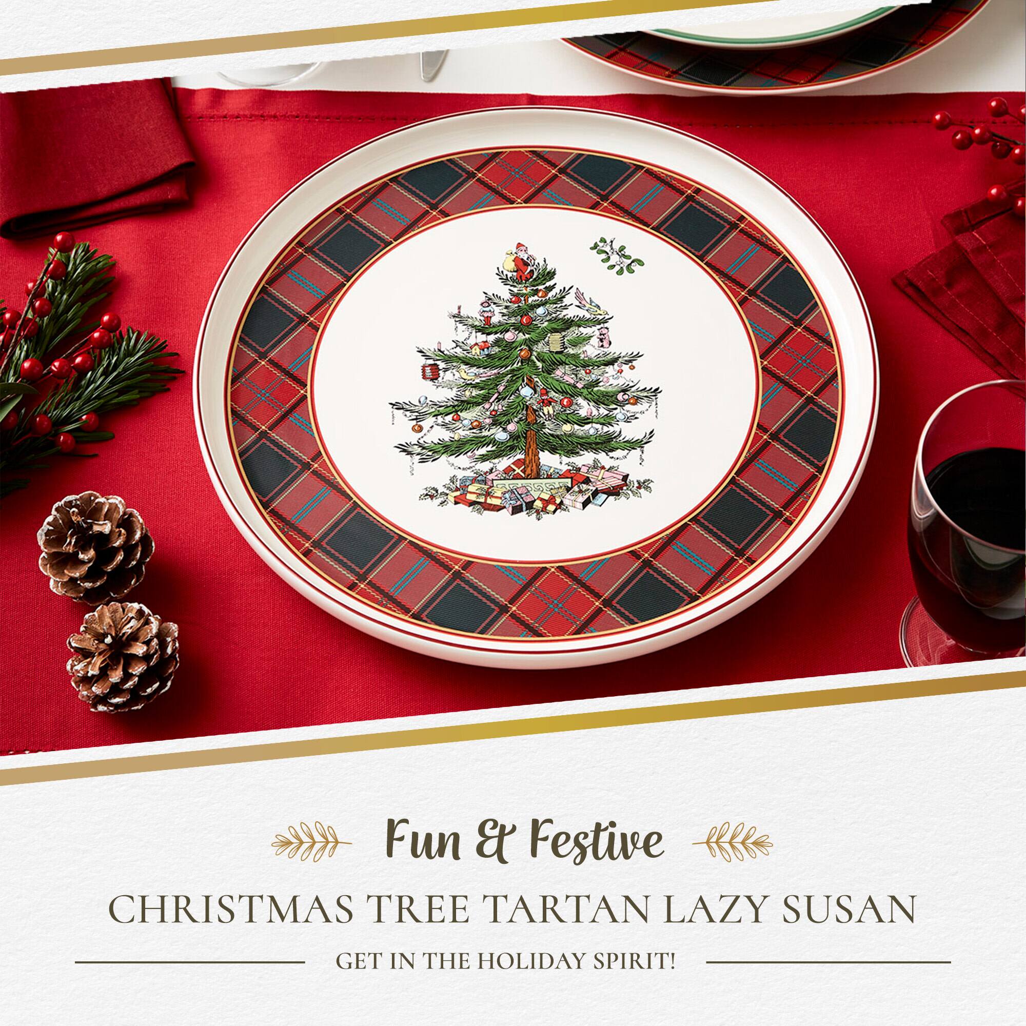 Fun & Festive CHRISTMAS TREE TARTAN LAZY SUSAN  
GET IN THE HOLIDAY SPIRIT!