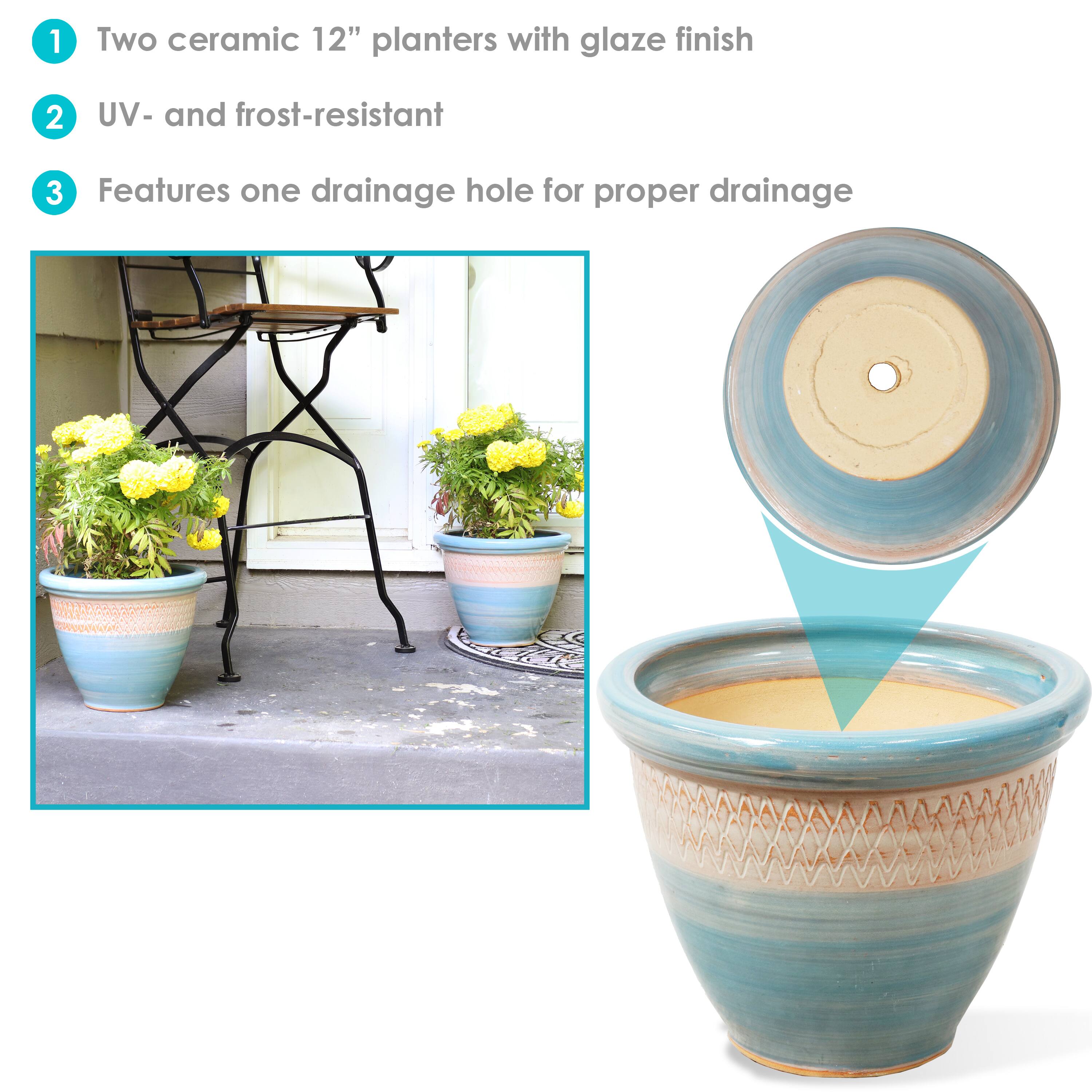 1. Two ceramic 12" planters with glaze finish
2. UV- and frost-resistant
3. Features one drainage hole for proper drainage