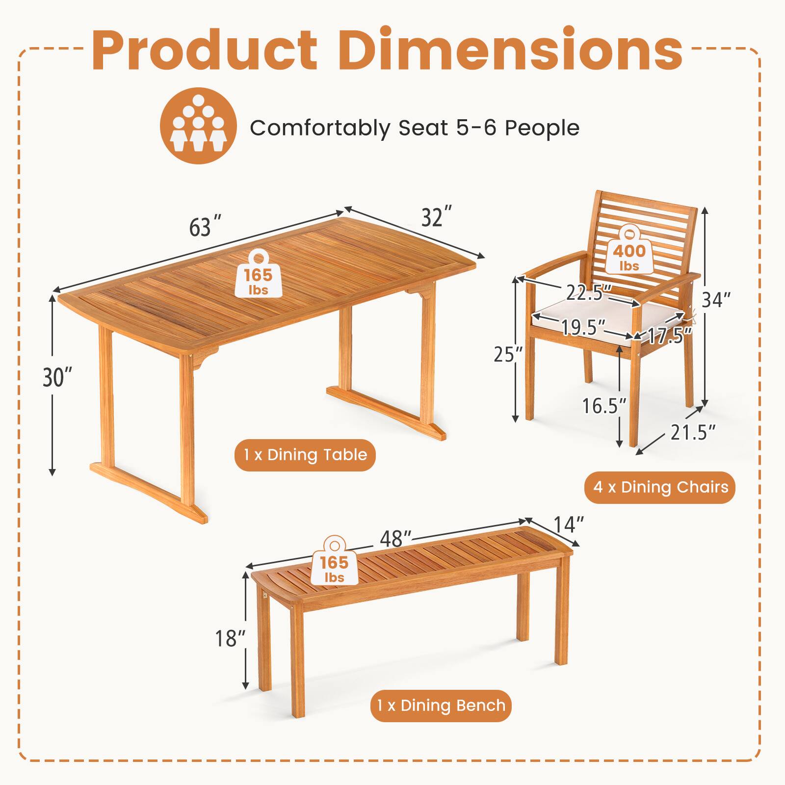 Product Dimensions  
Comfortably Seat 5-6 People  

1 x Dining Table  
30" x 63"  
165 lbs  

4 x Dining Chairs  
32" x 25" x 34"  
400 lbs  

1 x Dining Bench  
48" x 18" x 14"  
165 lbs