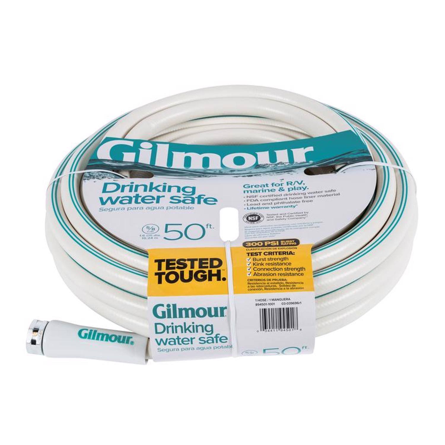 Gilmour Drinking Water Safe  
Great for R/V, marine & play.  
NSF certified water safe material  
Lead and phthalate free  
FDA compliant  
Lifetime warranty  
Segura para agua potable  

50 ft.  
300 PSI  

TESTED TOUGH.  
TEST CRITERIA:  
- Burst strength  
- Kink resistance  
- Connection strength  
- Abrasion resistance  

CRITERIOS DE PRUEBA:  
- Resistencia a la rotura  
- Resistencia a la flexión  
- Resistencia a la conexión  
- Resistencia a la abrasión  

Gilmour Drinking Water Safe  
Segura para agua potable