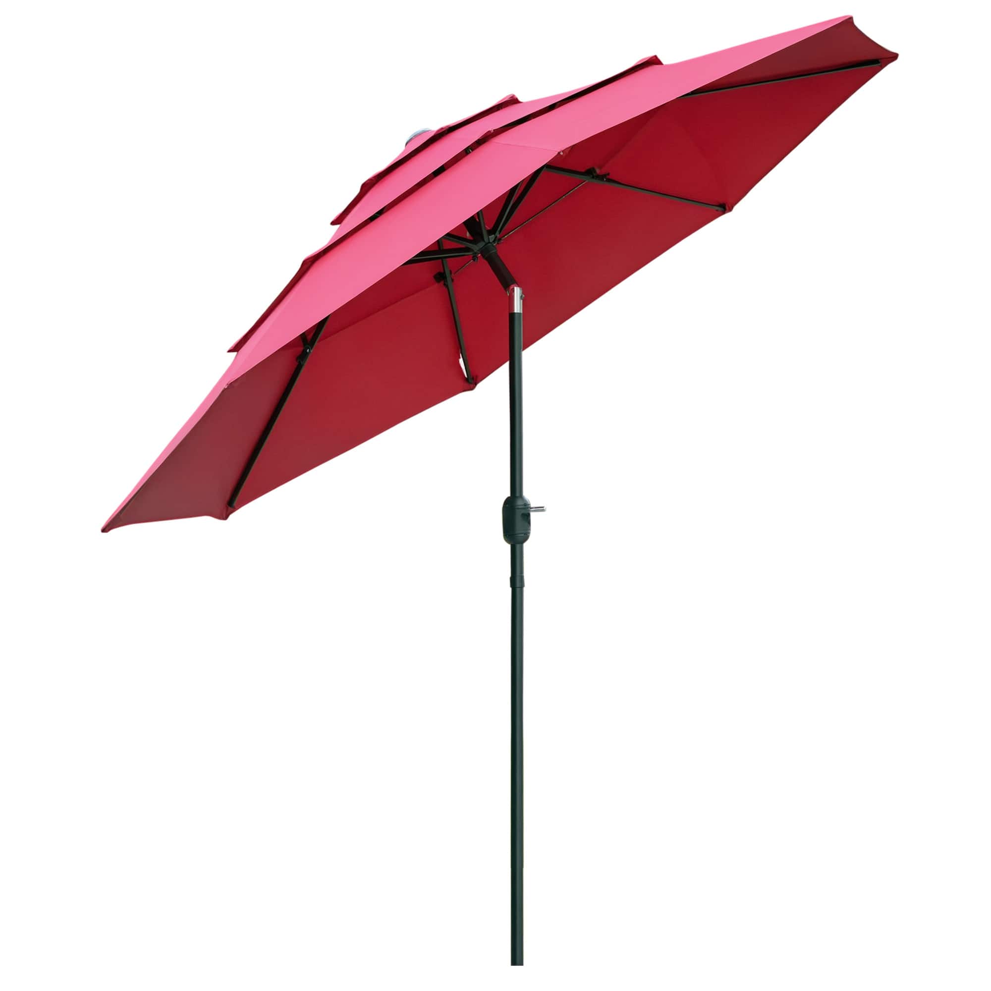 Front. Outsunny - 9FT 3 Tiers Patio Umbrella Outdoor Market Umbrella with Crank, Push Button Tilt for Deck, Backyard and Lawn - Wine Red.