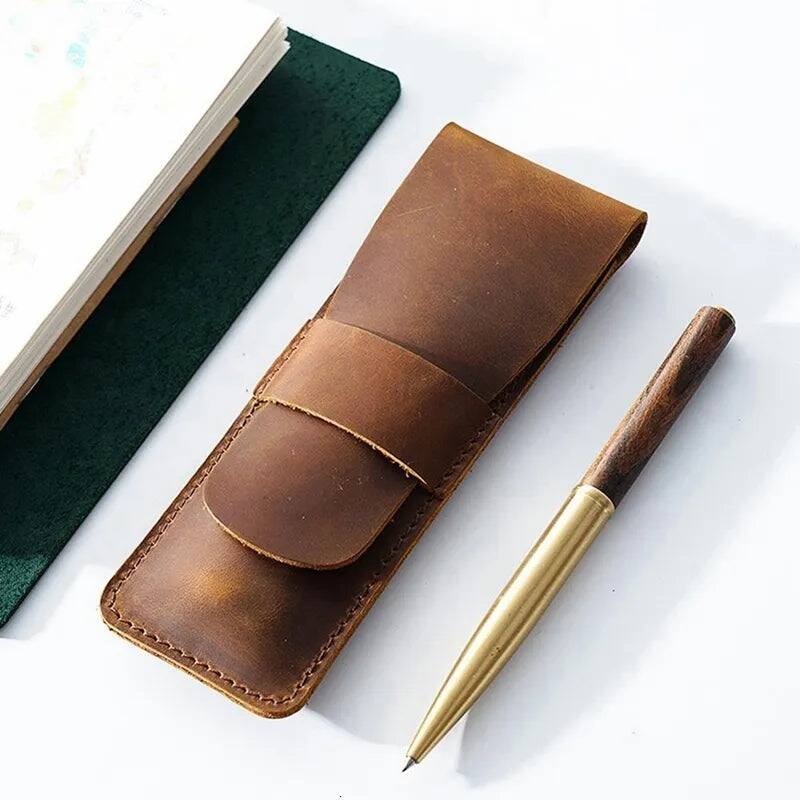 Angle. Steel Horse Leather - Paiman Leather Pen Holder Pouch - Brown.