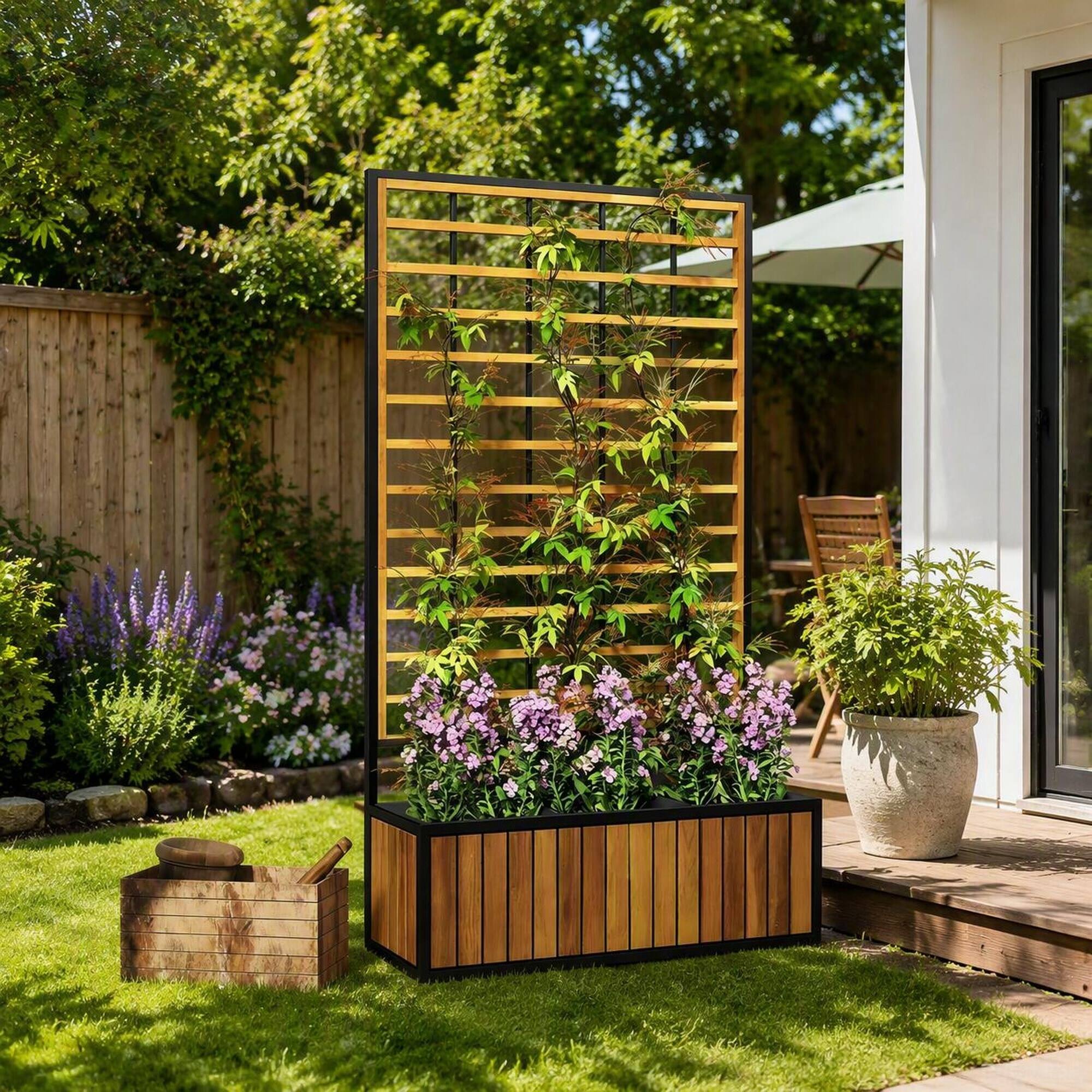 Alt View 2. RYHNUYNE - Natural Acacia Wood Raised Garden Bed with Trellis and Three Planters, 29.1 by 51.6 Inch, Teak and Black - Teak.
