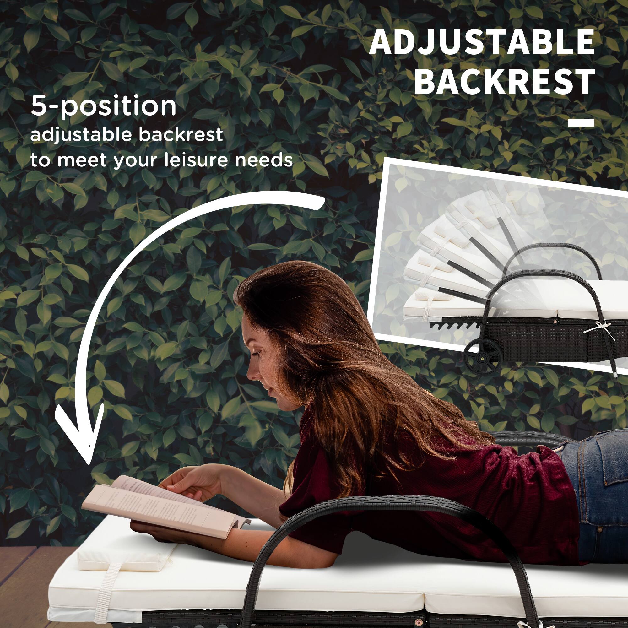 ADJUSTABLE BACKREST
5-position adjustable backrest to meet your leisure needs