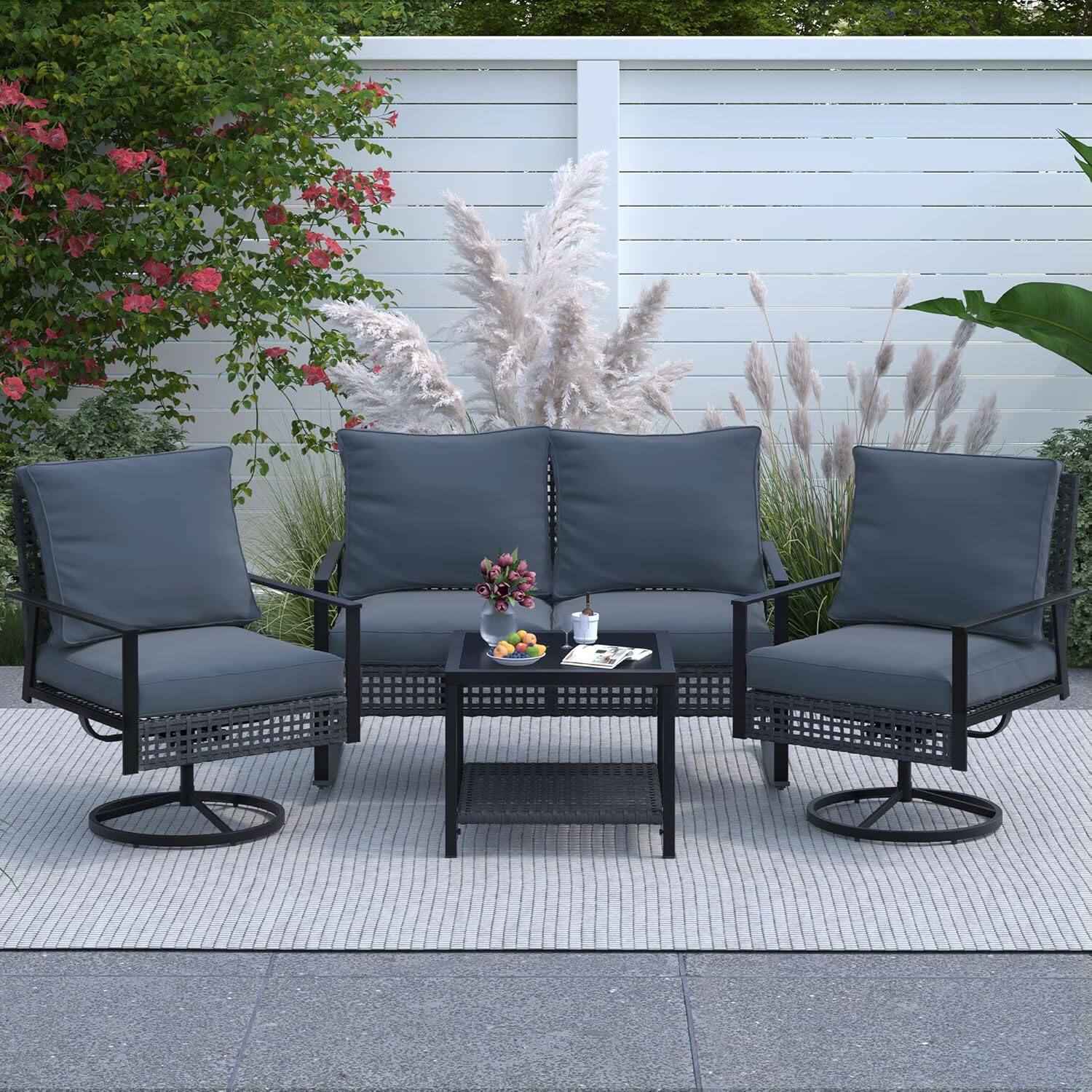 Angle. Ainfox - Ainfox 4PCS Patio Furniture Set,Wicker Rattan Swivel Rocking Chairs Set with Loveseat for Porch, Pool, Backyard - Gray.
