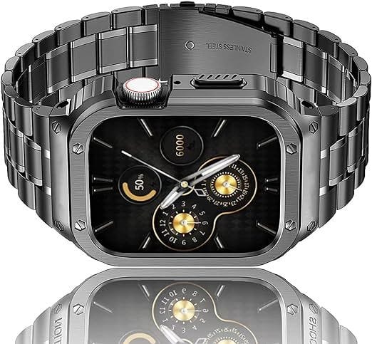 Worryfree Gadgets - Stainless Steel Uni-Body Band with Protective Bumper Case for Apple Watch Ultra 49mm - Black