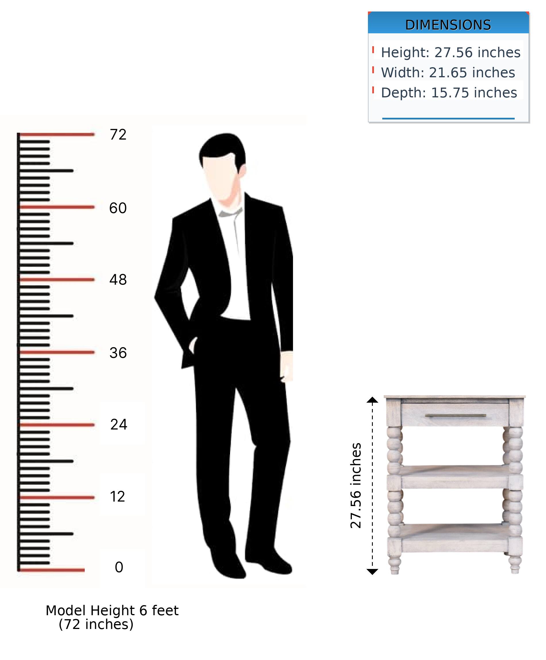 DIMENSIONS  
Height: 27.56 inches  
Width: 21.65 inches  
Depth: 15.75 inches  

Model Height 6 feet (72 inches)
