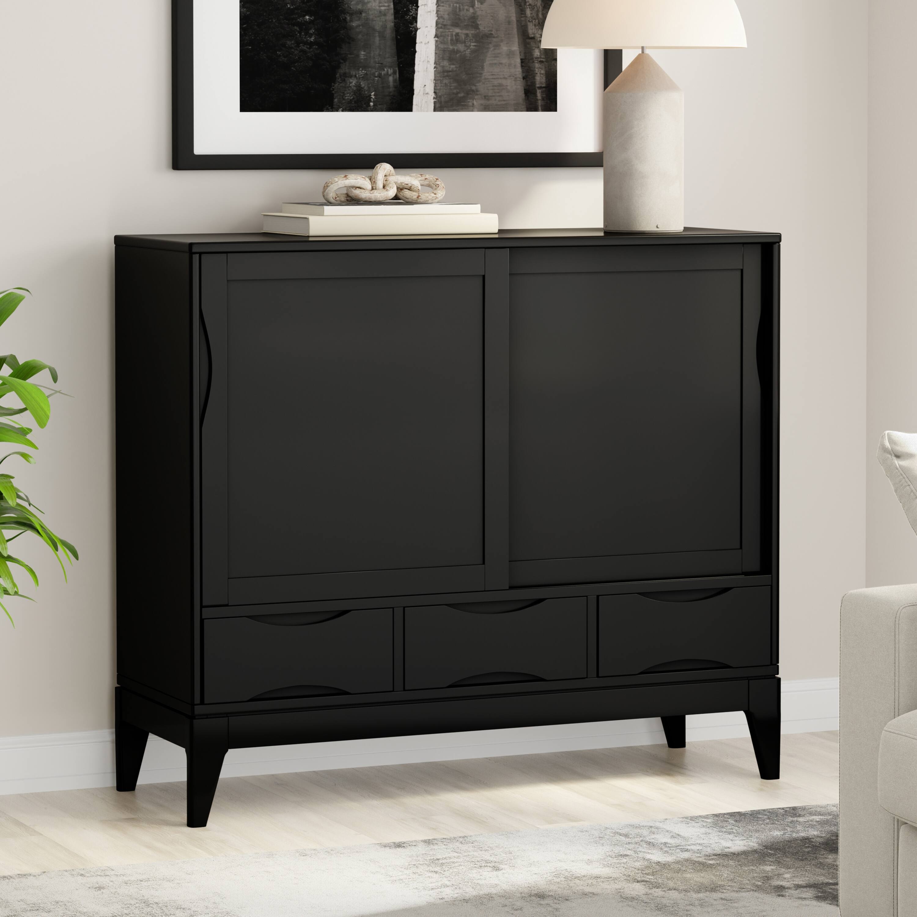 Angle. Simpli Home - Harper 48 inch Wide Solid Hardwood Mid-Century Modern Medium Storage Cabinet in Black - Black.