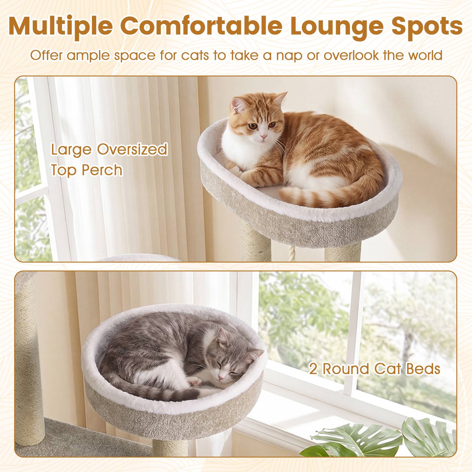 Multiple Comfortable Lounge Spots  
Offer ample space for cats to take a nap or overlook the world  

Large Oversized Top Perch  

2 Round Cat Beds
