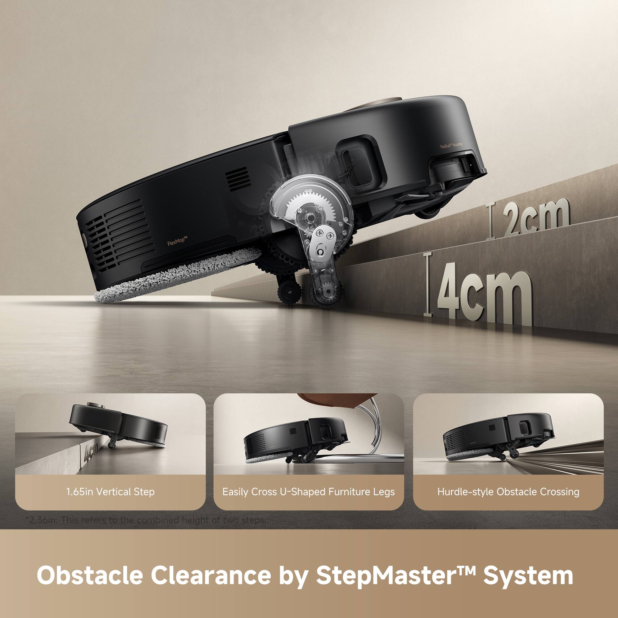 Obstacle Clearance by StepMaster™ System

1.65in Vertical Step
Easily Cross U-Shaped Furniture Legs
Hurdle-style Obstacle Crossing
2.36in: This refers to the combined height of two steps