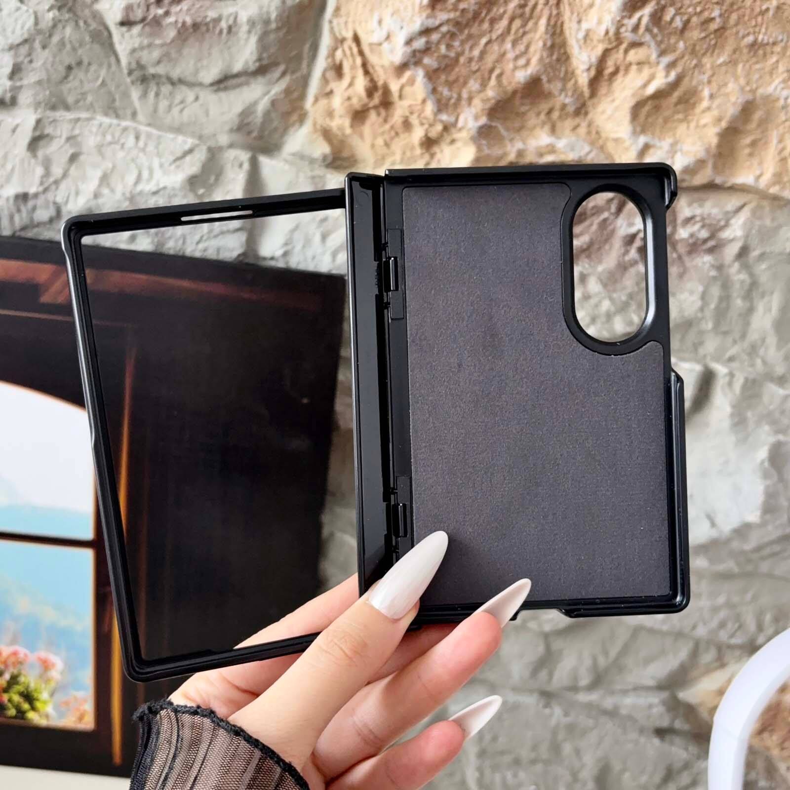 Left. Dteck - Shockproof Magnetic Phone Case for Samsung Galaxy Z Fold8, Rigid Plastic Faux Leather Hinge Cover, Raised Lip Protection - Black.