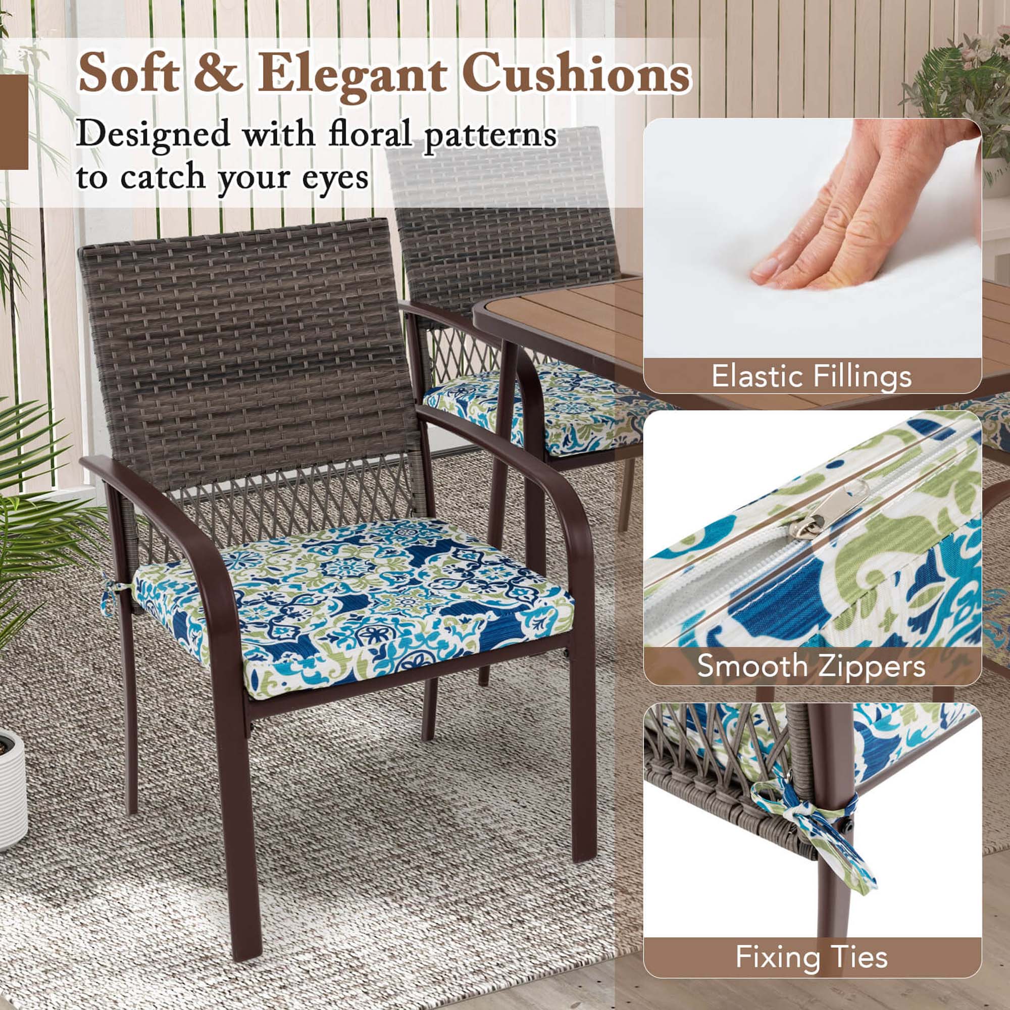 Soft & Elegant Cushions  
Designed with floral patterns to catch your eyes  

- Elastic Fillings  
- Smooth Zippers  
- Fixing Ties