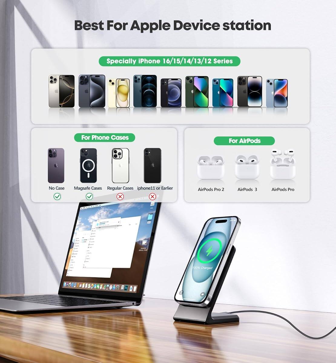 Best For Apple Device Station

Specially iPhone 16/15/14/13/12 Series

For Phone Cases
- No Case ✔️
- MagSafe Cases ✔️
- Regular Cases ❌
- iPhone 11 or Earlier ❌

For AirPods
- AirPods Pro 2
- AirPods 3
- AirPods Pro

100% Charged