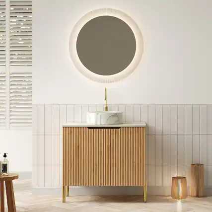 Front. Boyel Living - 30 Bathroom Vanity with 2 Doors White Basin Stone Pattern Roma Travertine Sintered Stone Top Woodgrain - Natural Wood,White.