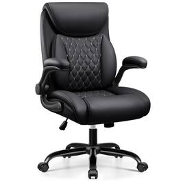 Brick Attic - Ergonomic Office Chair with Lumbar Support for Lower Back Pain Relief, Executive Leather Chair with Padded Flip-up Arms - Black