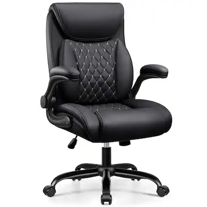 Front. Brick Attic - Ergonomic Office Chair with Lumbar Support for Lower Back Pain Relief, Executive Leather Chair with Padded Flip-up Arms - Black.