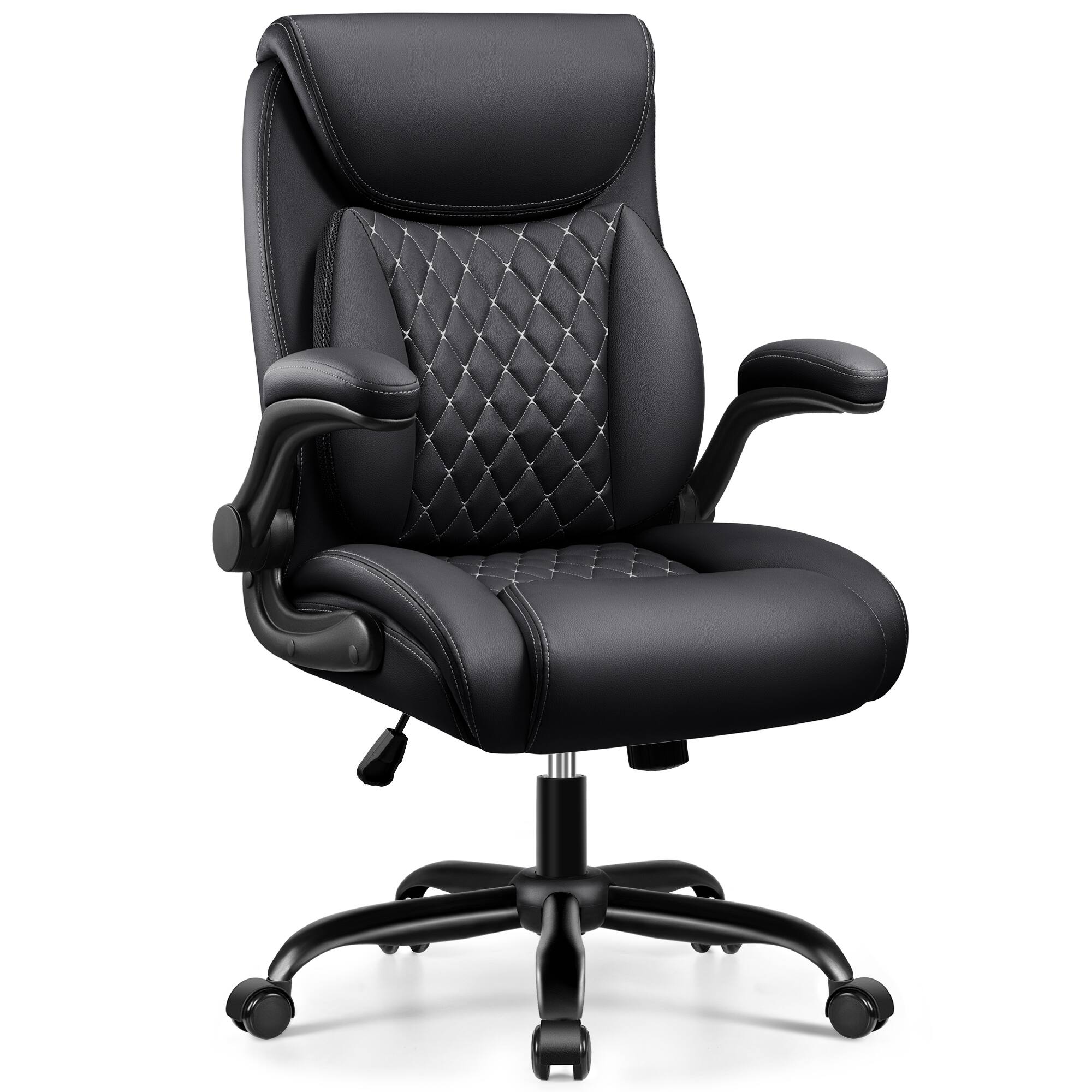 Brick Attic - Ergonomic Office Chair with Lumbar Support for Lower Back Pain Relief, Executive Leather Chair with Padded Flip-up Arms - Black