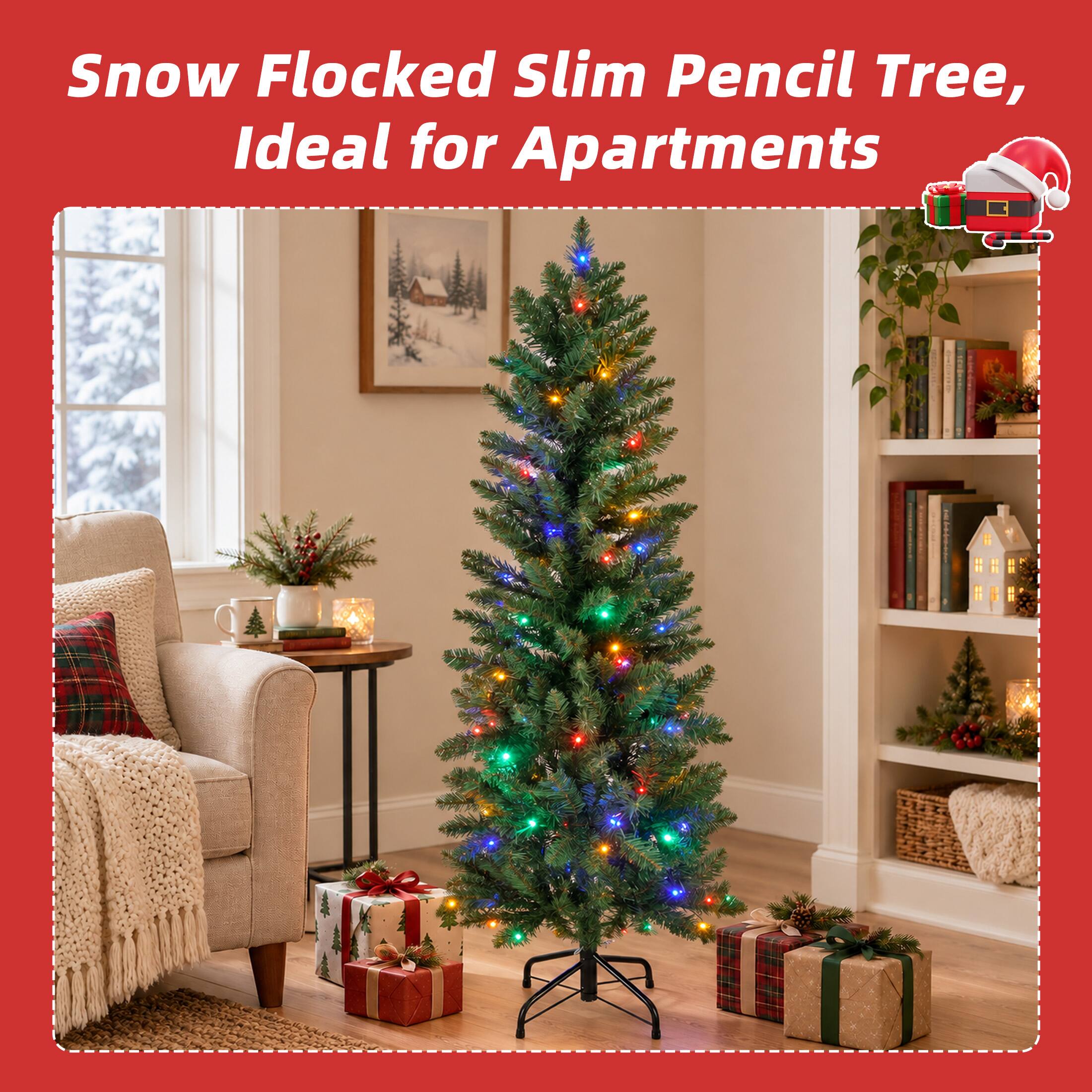 Snow Flocked Slim Pencil Tree, Ideal for Apartments