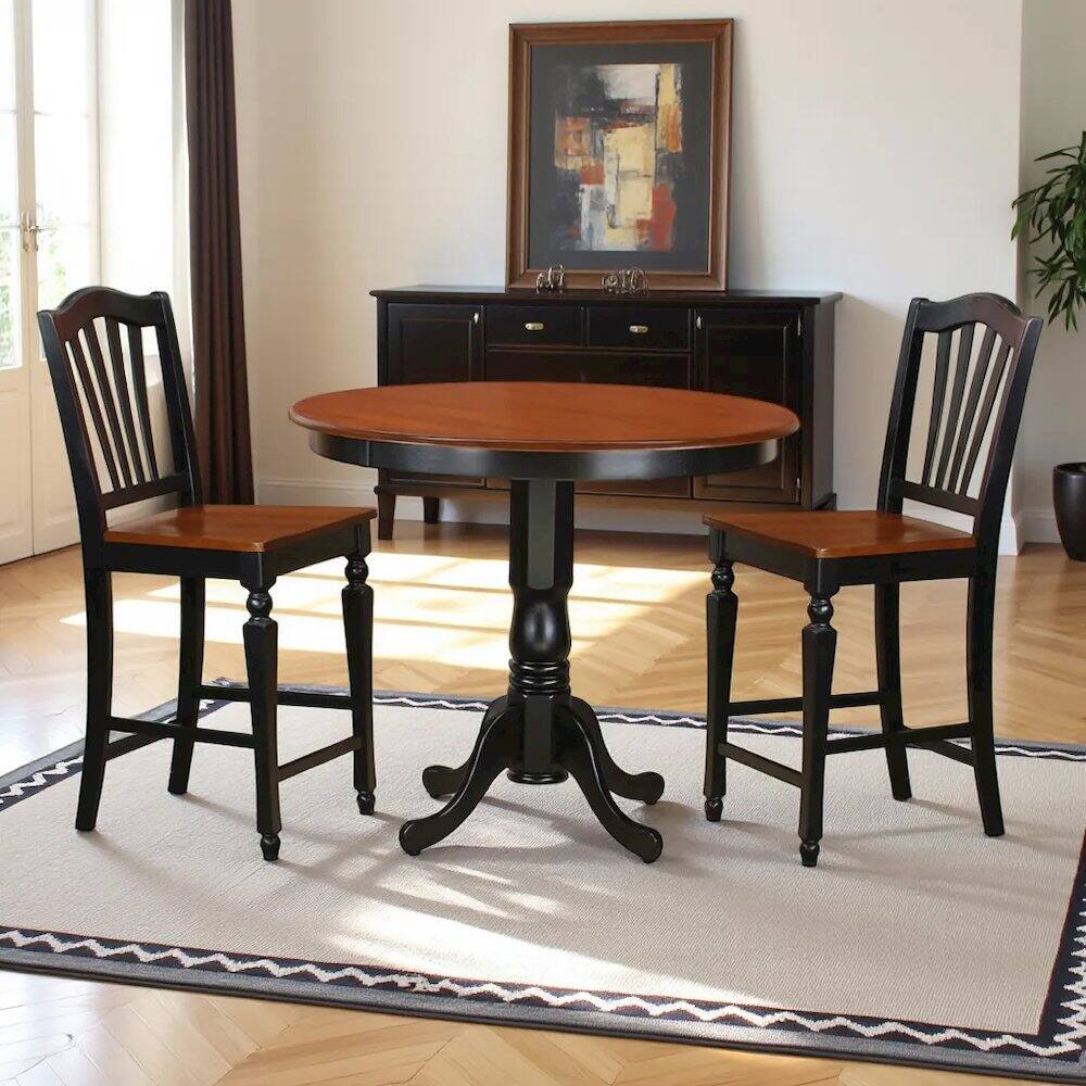 Back. FurniFact - Elegant High Top Table and Chairs – 3 Piece Dining Table Set - Black & Cherry.