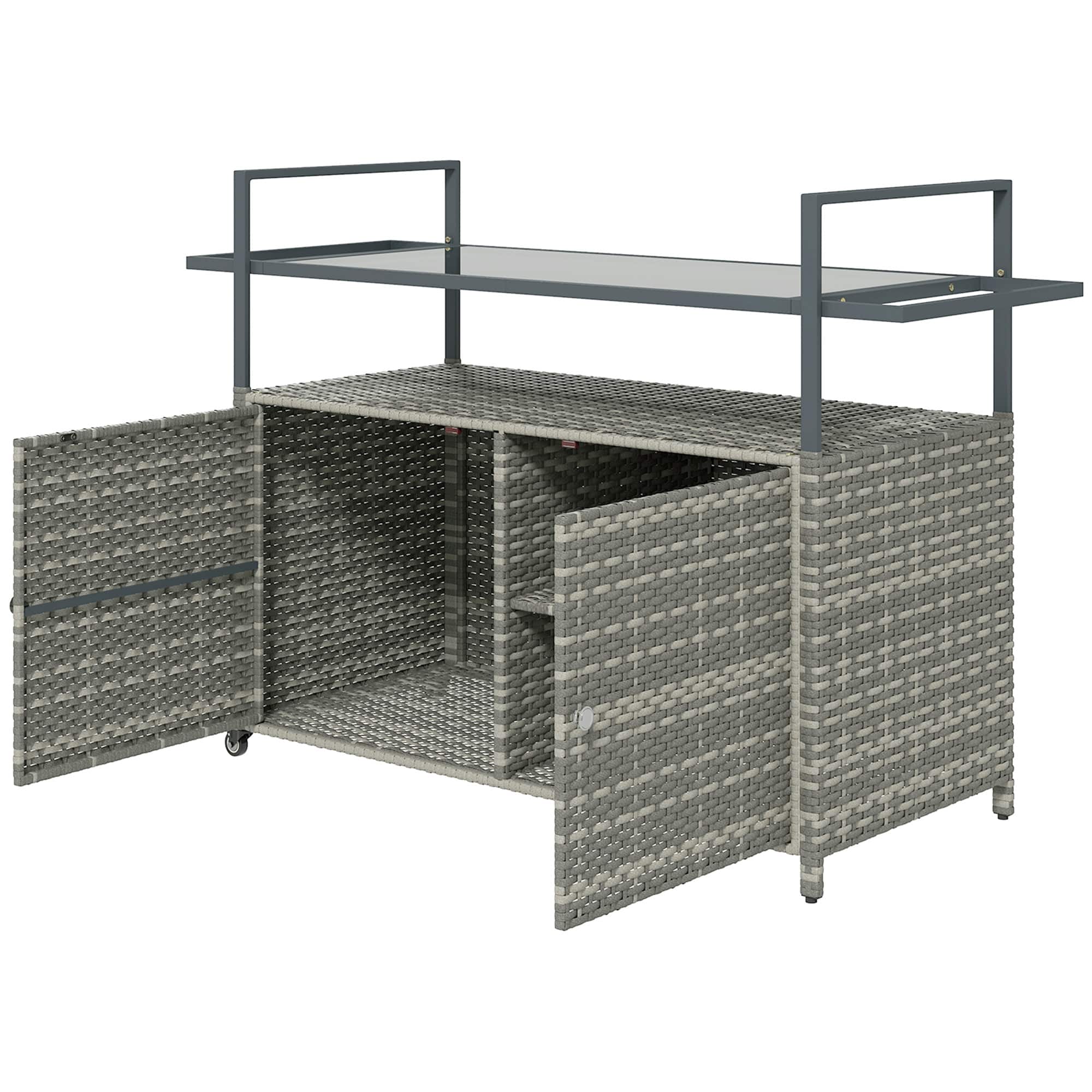 Outsunny - Shelf PE Rattan Outdoor Bar Table, Glass Top Outdoor Serving Cart with Cabinet - Mixed Gray