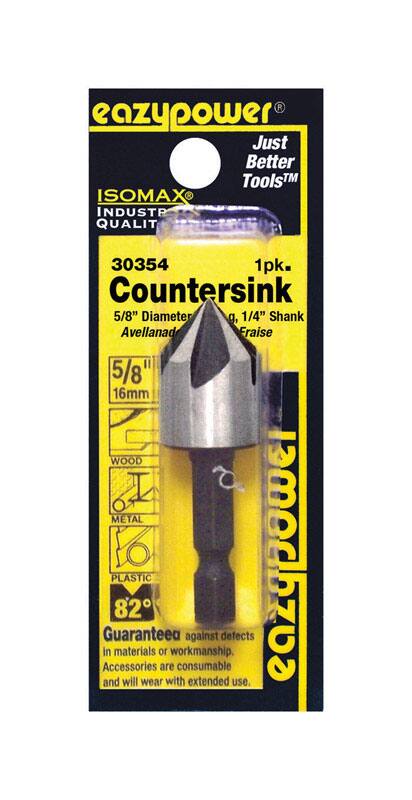 eazypower  
Just Better Tools™  
ISOMAX®  
INDUSTRIAL QUALITY  

30354  
1pk.  
Countersink  
5/8" Diameter  
1/4" Shank  
Avellanado  
Fraise  
5/8" 16mm  

WOOD  
METAL  
PLASTIC  

82°  

Guarantee against defects in materials or workmanship.  
Accessories are consumable and will wear with extended use.