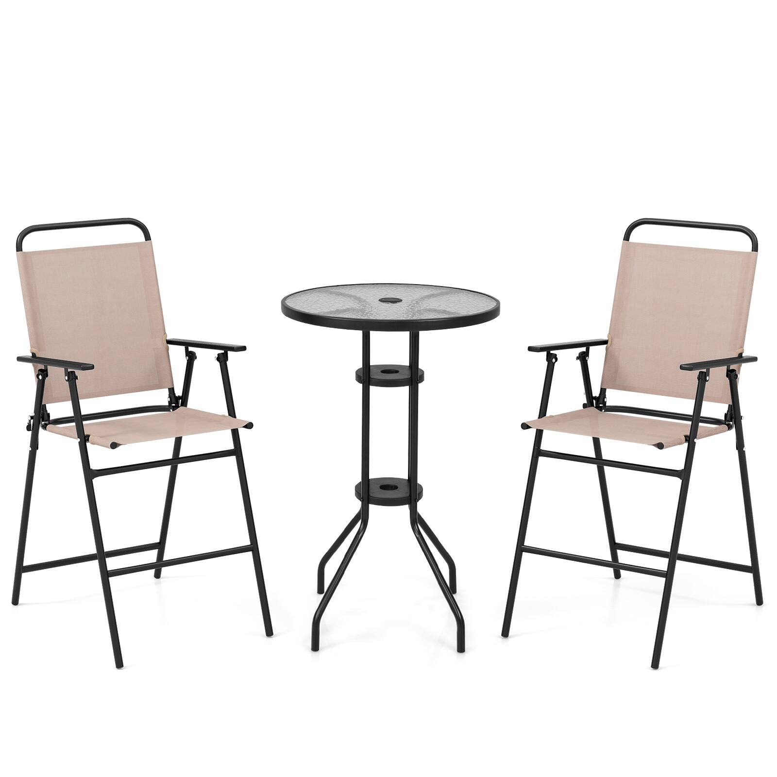 Alt View 5. Gymax - Gymax 3PCS Bistro Set Folding Chairs Round Bar Table w/ 1.6'' Umbrella Hole Yard Patio - Beige.