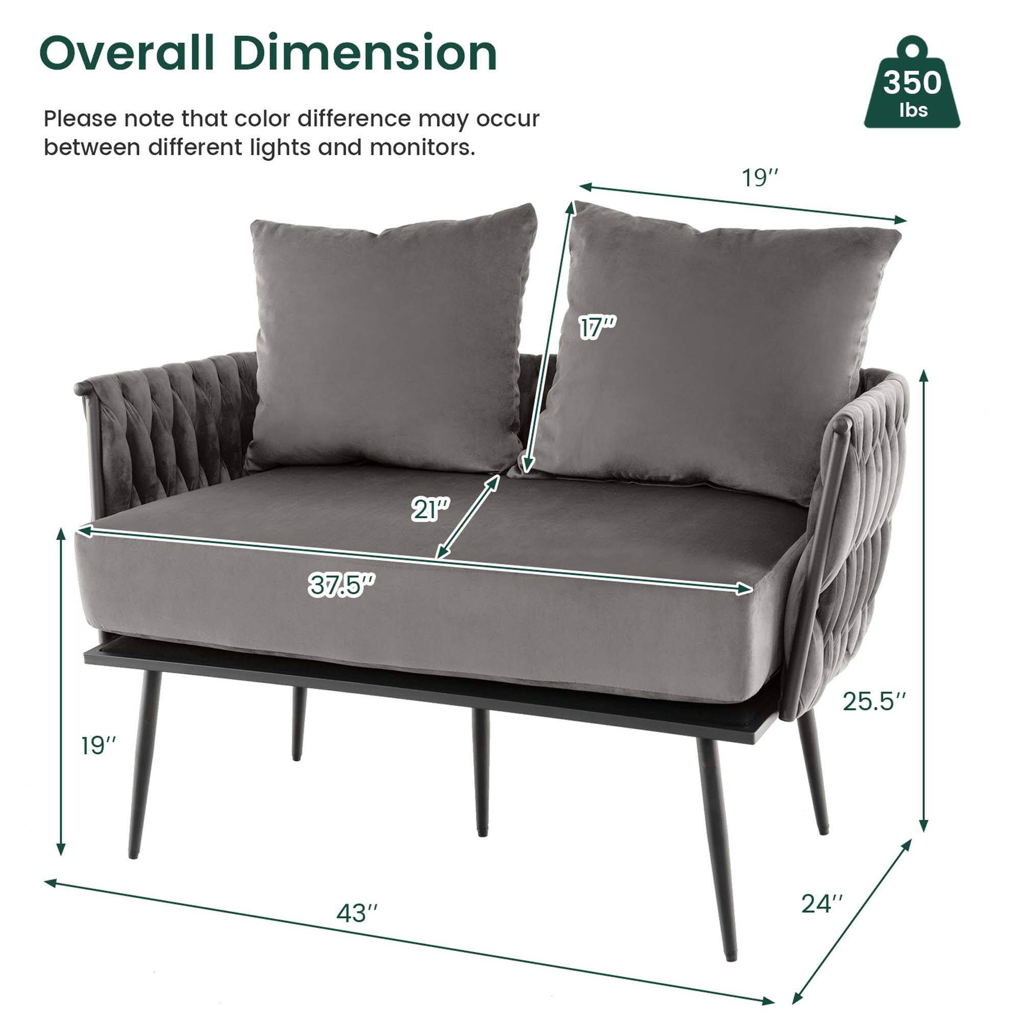 Overall Dimension

Please note that color difference may occur between different lights and monitors.

- 350 lbs
- 19" (width)
- 37.5" (depth)
- 21" (seat height)
- 17" (back height)
- 25.5" (arm height)
- 43" (overall length)
- 24" (overall height)