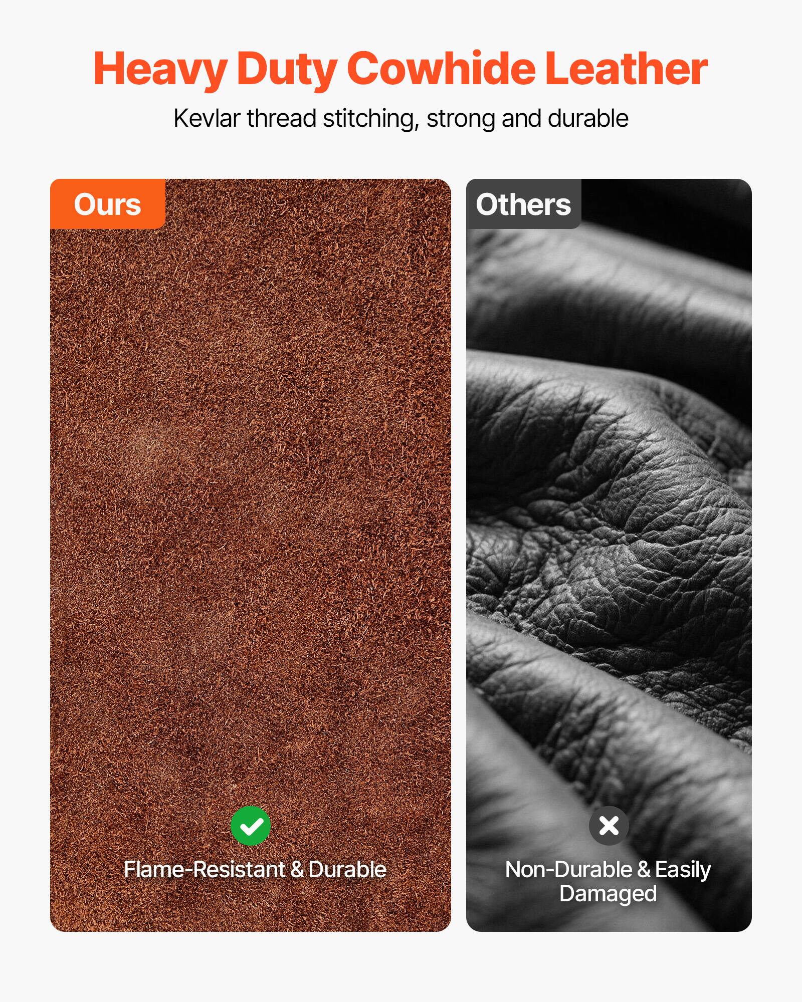 Heavy Duty Cowhide Leather  
Kevlar thread stitching, strong and durable  

Ours  
Flame-Resistant & Durable  

Others  
Non-Durable & Easily Damaged
