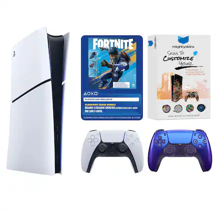 FORTNITE mightyskins SKINS TO CUSTOMIZE YOUR PLAYSTATION 5 SLIM DISC EDITION. ONE CONTROLLER. PLAYSTATION EXCLUSIVE FLOWERING CHAOS BUNDLE INCLUDES 8 EXCLUSIVE COSMETICS (ESTIMATED VALUE 5,000 V-BUCKS) AND 1,000 V-BUCKS. FLOWERING CHAOS BUNDLE EXCLUSIVE TO PLAYSTATION UNTIL 26/11/2026. MANY DESIGNS TO CHOOSE FROM.