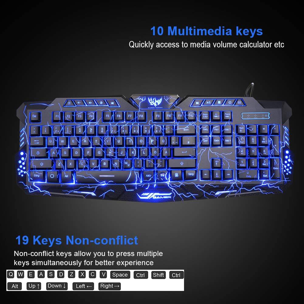 10 Multimedia keys  
Quickly access to media volume calculator etc  

19 Keys Non-conflict  
Non-conflict keys allow you to press multiple keys simultaneously for better experience  
Q W E A S D Z X C V Space Ctrl Shift Ctrl Alt Up Down Left Right