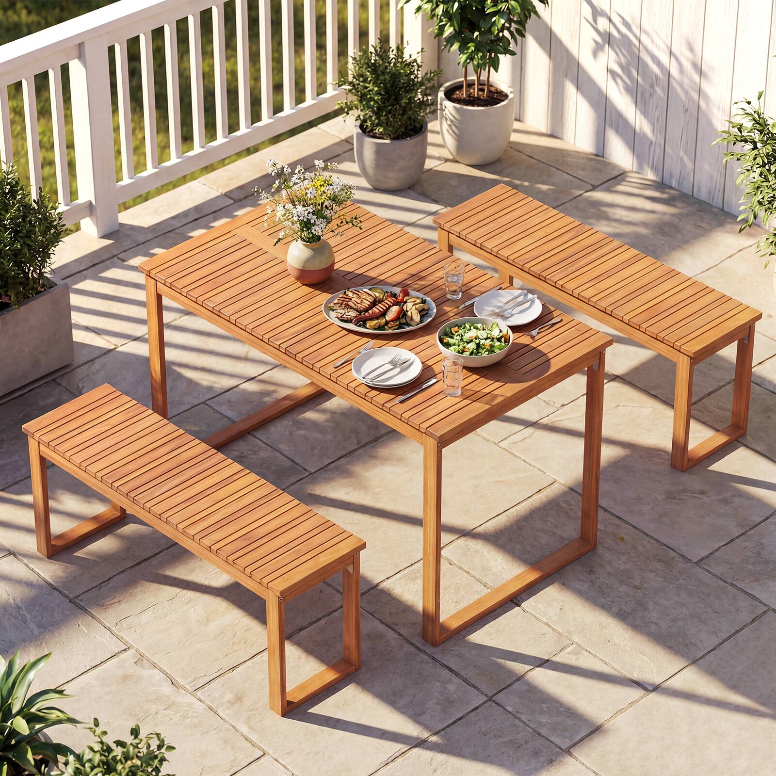 Alt View 4. Gymax - Gymax 3 PCS Acacia Wood Picnic Set 43.5'' Outdoor Dining Table w/2 Benches for Yard - Natural.