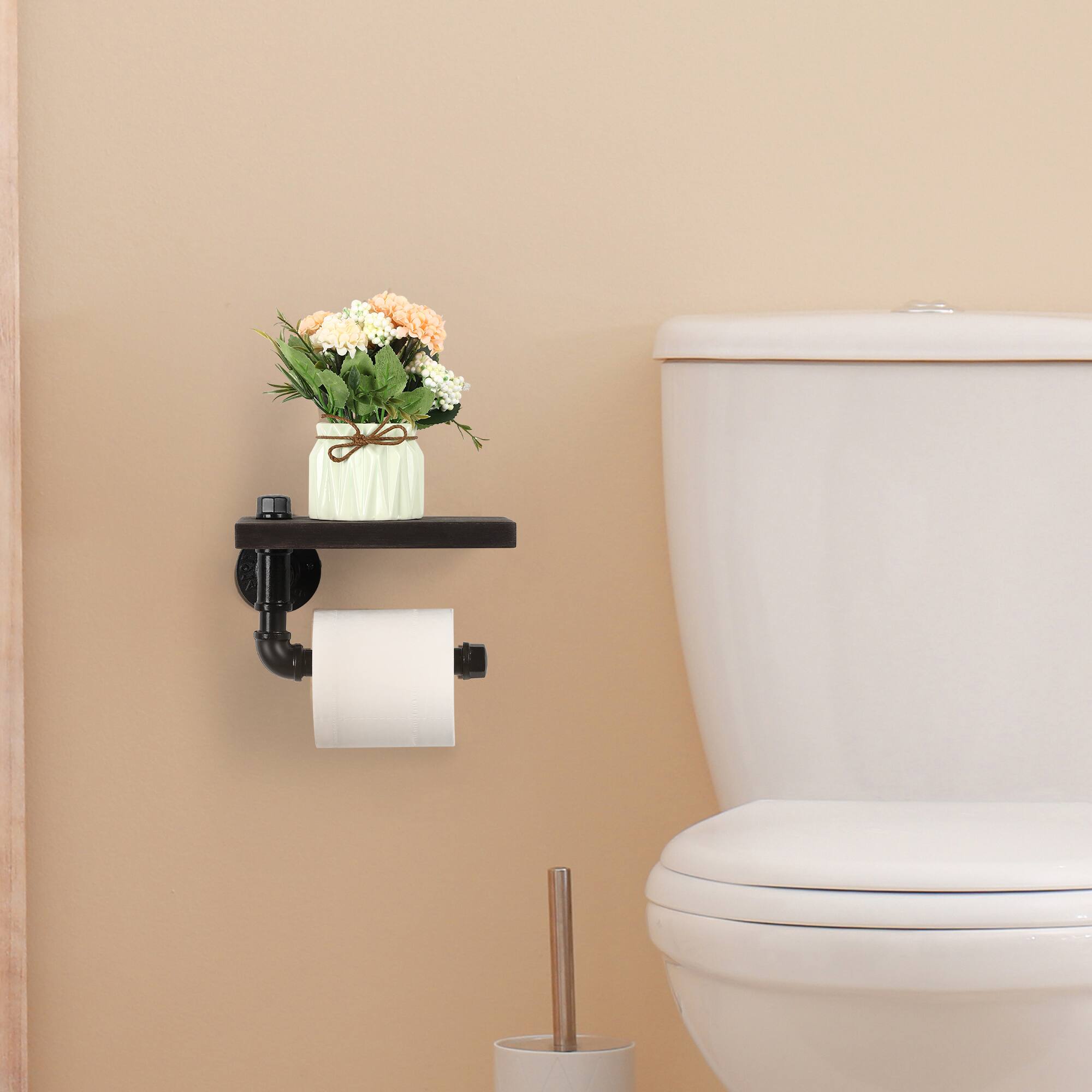 Back. Oumilen - Industrial Pipe Single Paper Towel Holder with Dark Walnut Shelf – Wall Mounted for Kitchen Bathroom.