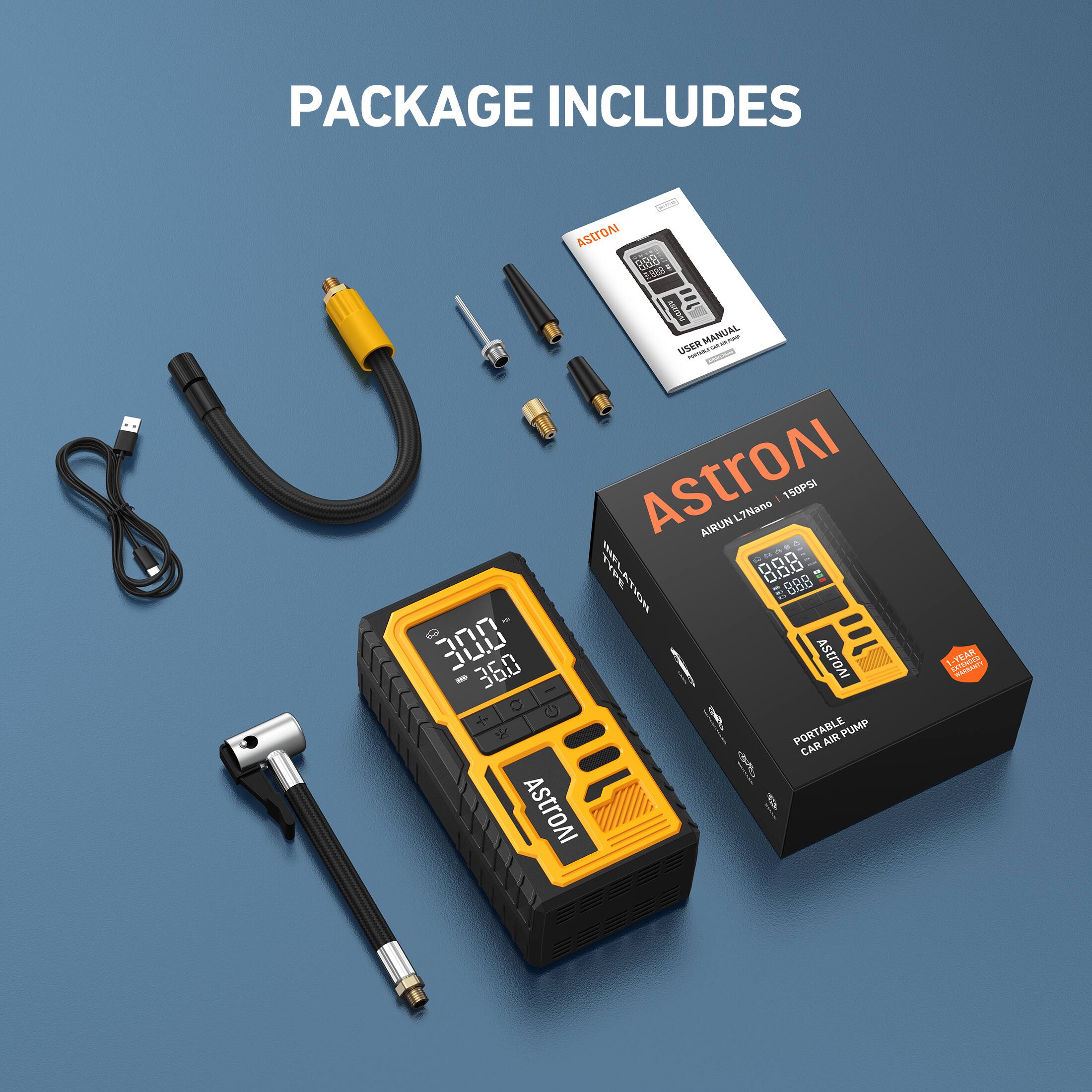 PACKAGE INCLUDES

- ASTROAI AIRUNIT Nano L7Nang - 150PSI
- USER MANUAL
- PORTABLE PUMP
- CAR AIR PUMP