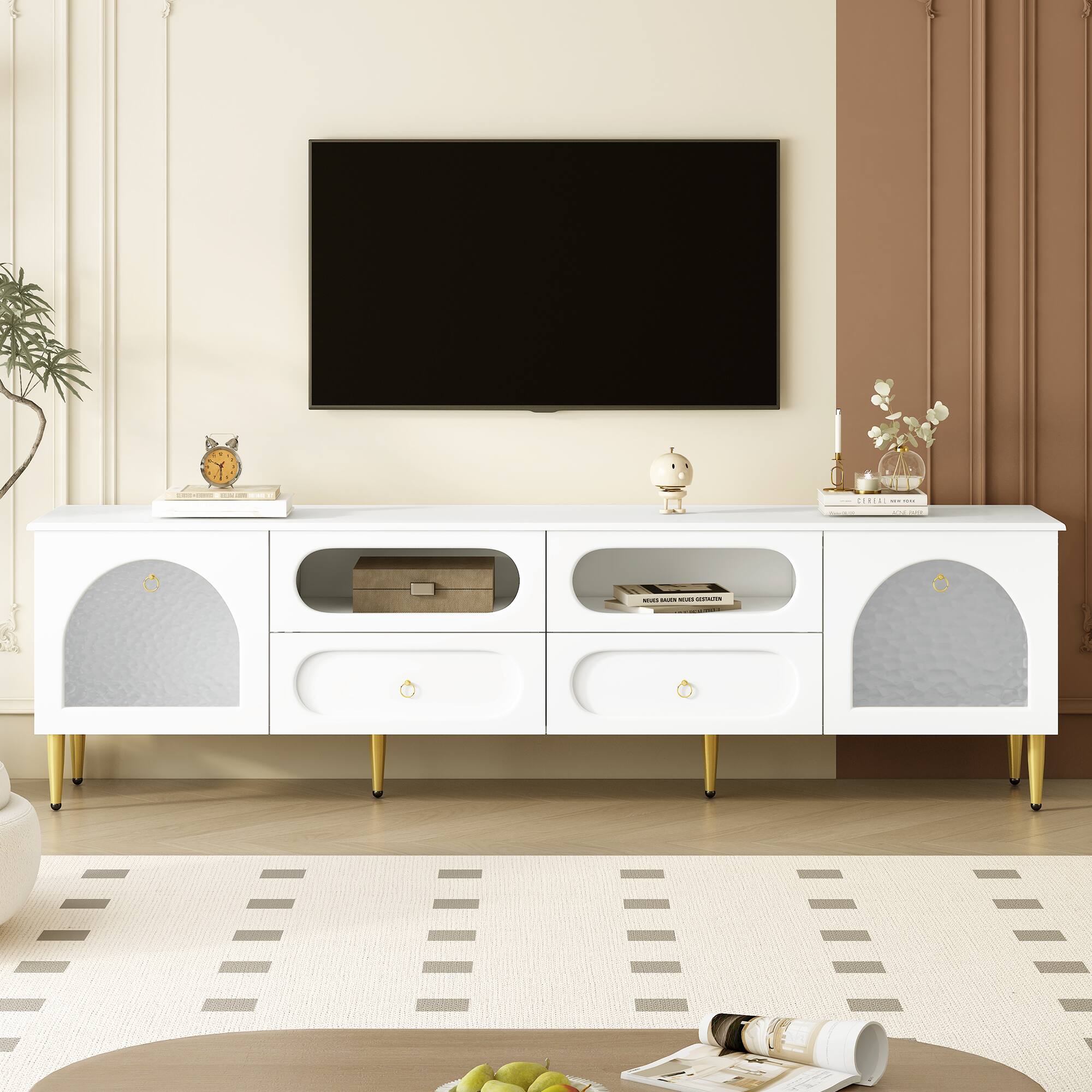 Front. APRILSOUL - 79 Retro TV Stand 6 Metal Legs 2 Cabinets 4 Drawers Anti-tip Living Room Up to 85 - White.