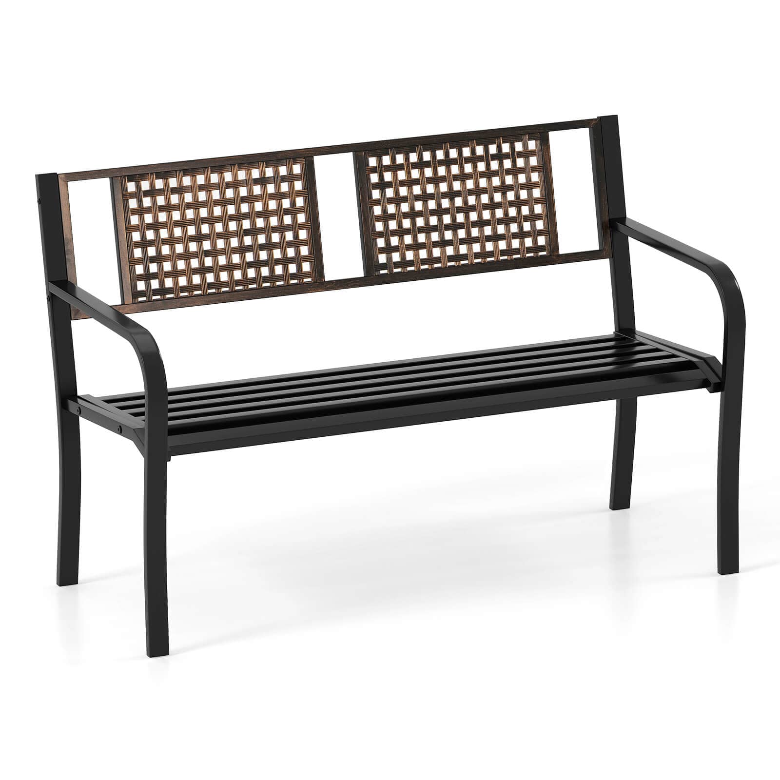 Costway - 50" Outdoor Metal Park Bench with Rattan-Like Backrest & Curved Armrests - Black