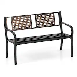 Costway - 50" Outdoor Metal Park Bench with Rattan-Like Backrest & Curved Armrests - Black