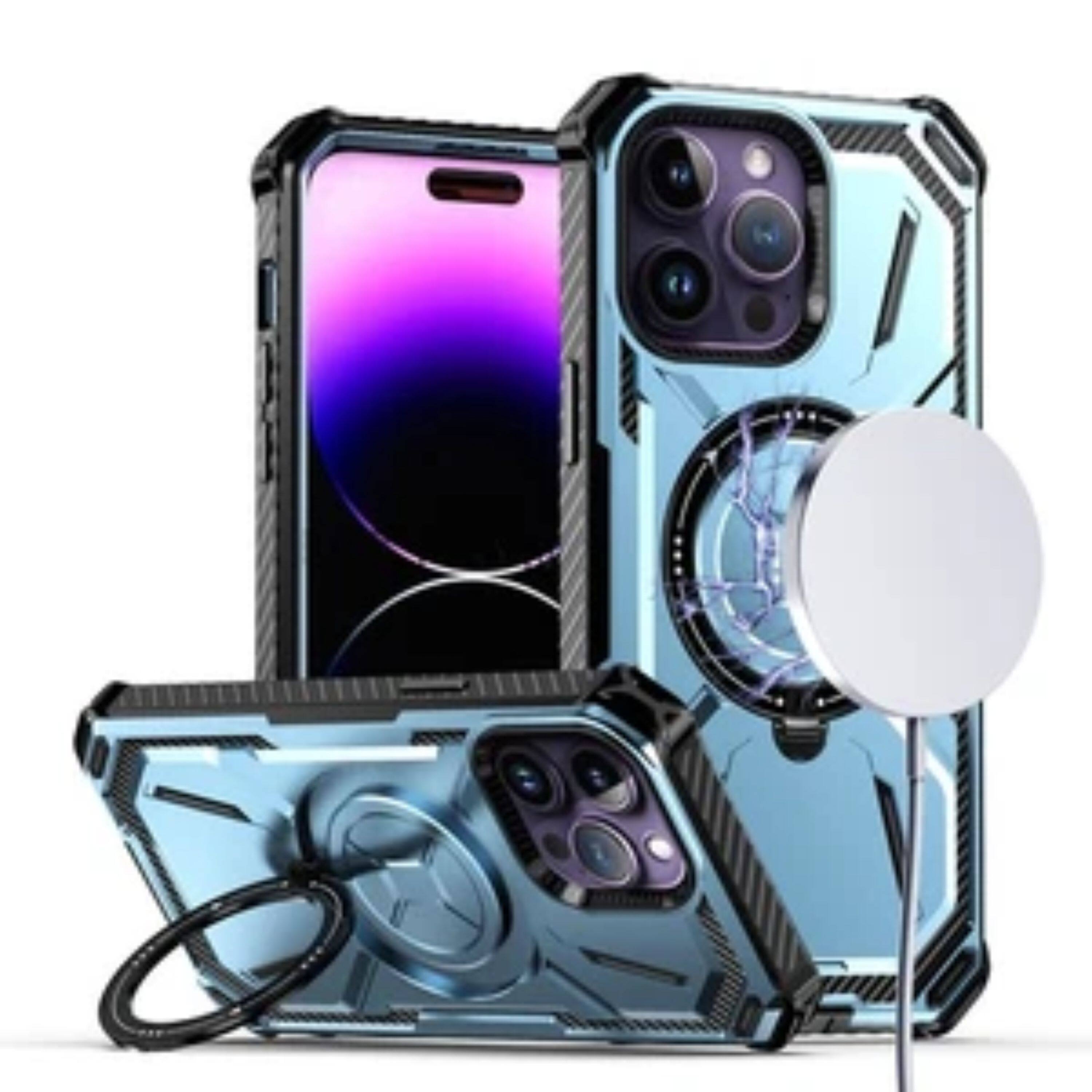 Angle. Kitcheniva - Shockproof Magnetic Circle With Ring 2 Pcs Screen Protectors For iPhone 15 Pro Max Light Blue - Light Blue.