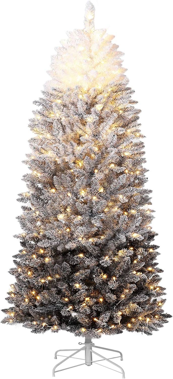 Angle. Maxxis Merch - 7.5FT Pre-Lit Pencil Christmas Tree, Black Gradient Snow Flocked with 100 LED Lights & 320 Branch Tips - White & Black.
