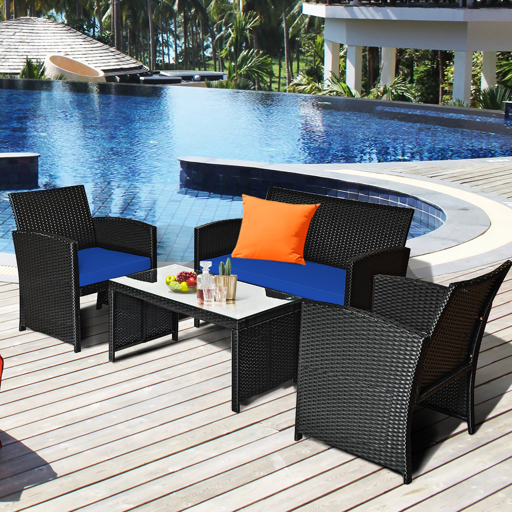 Alt View 2. Costway - Costway 8PCS Patio Rattan Furniture Conversation Set Cushion Sofa Table Garden - Navy.
