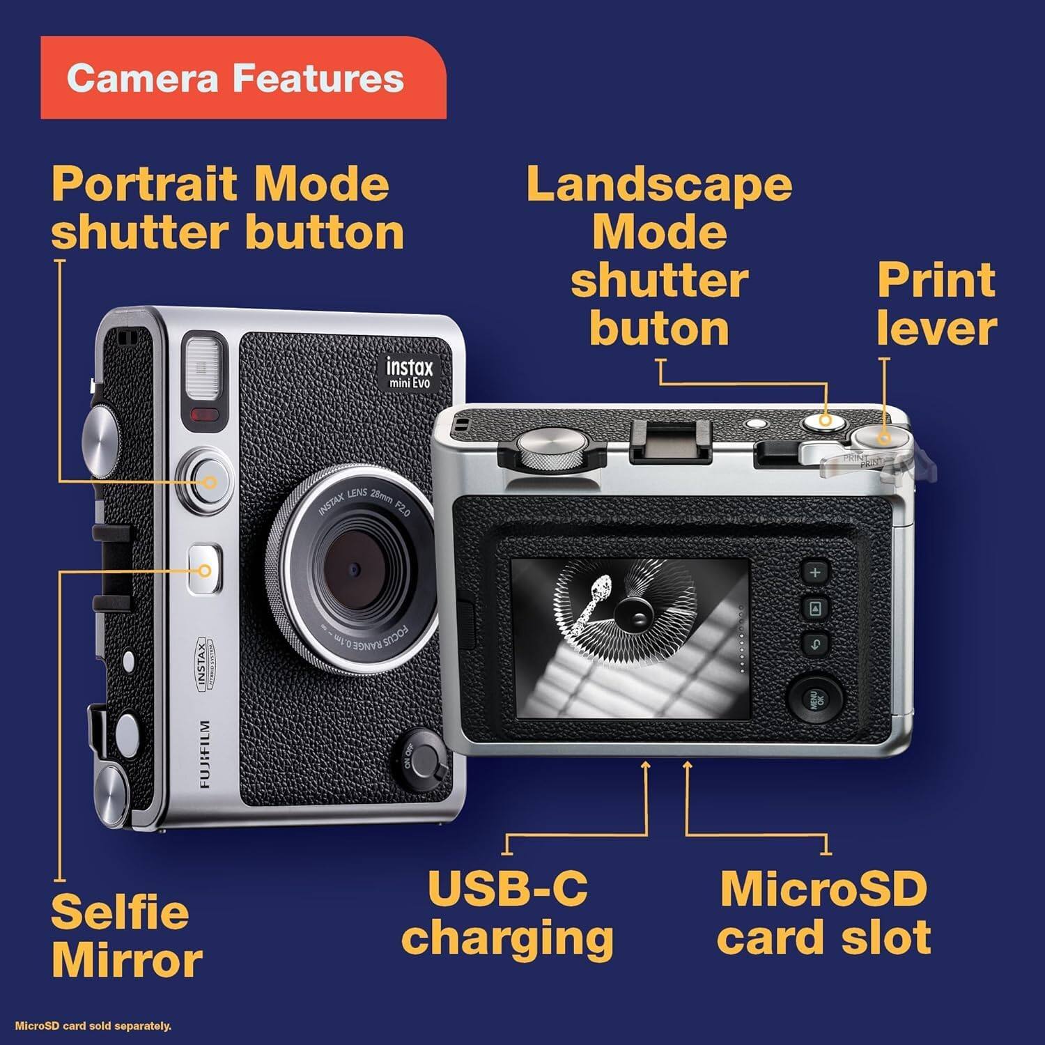 Camera Features  
Portrait Mode shutter button  
Landscape Mode shutter button  
Print lever  
Selfie Mirror  
USB-C charging  
MicroSD card slot  
MicroSD card sold separately.