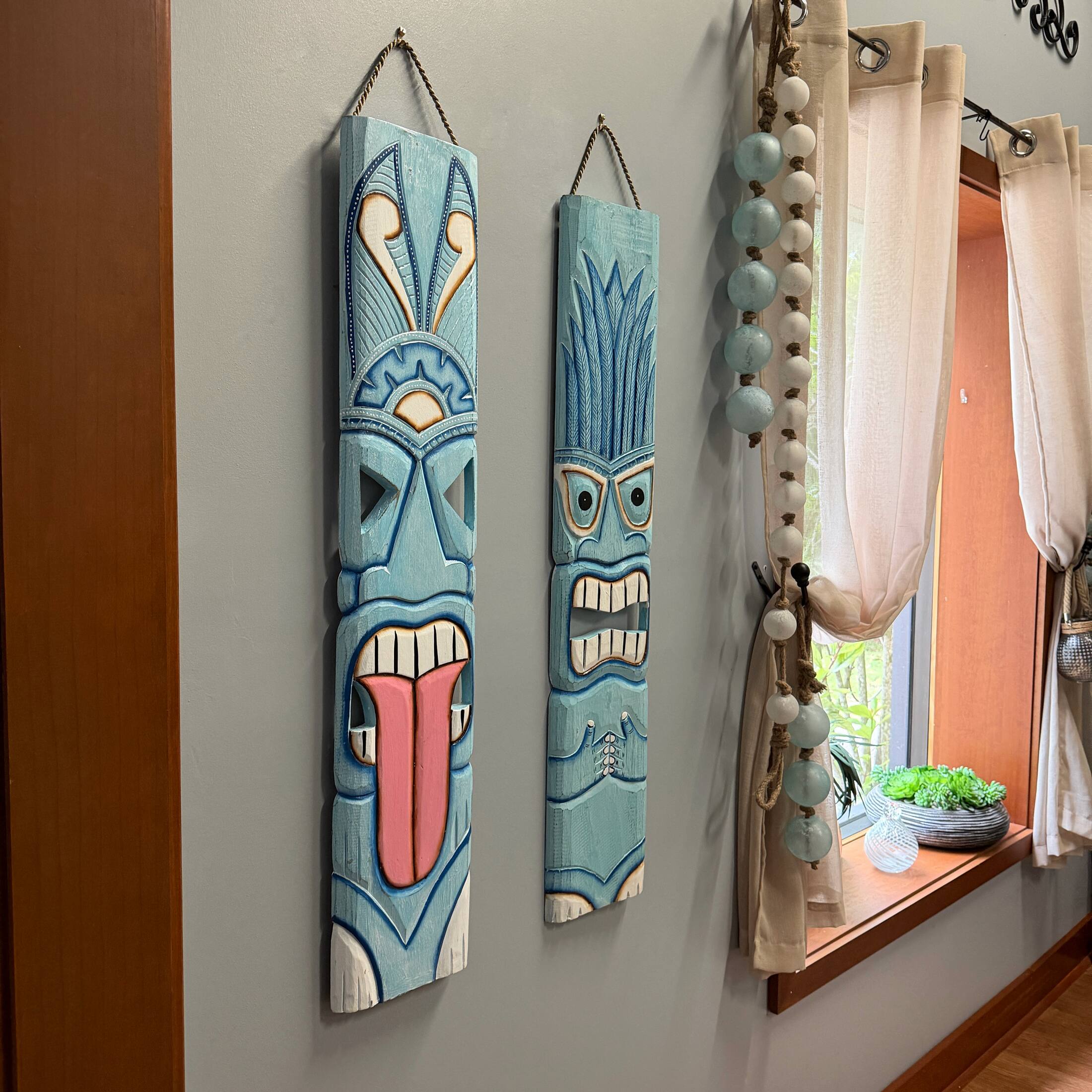 Alt View 4. Chesapeake Bay - Set of 2 Aqua Tiki Wall Plaques Hand Carved Wood 39 Inch Tall Coastal Decor - Aqua.