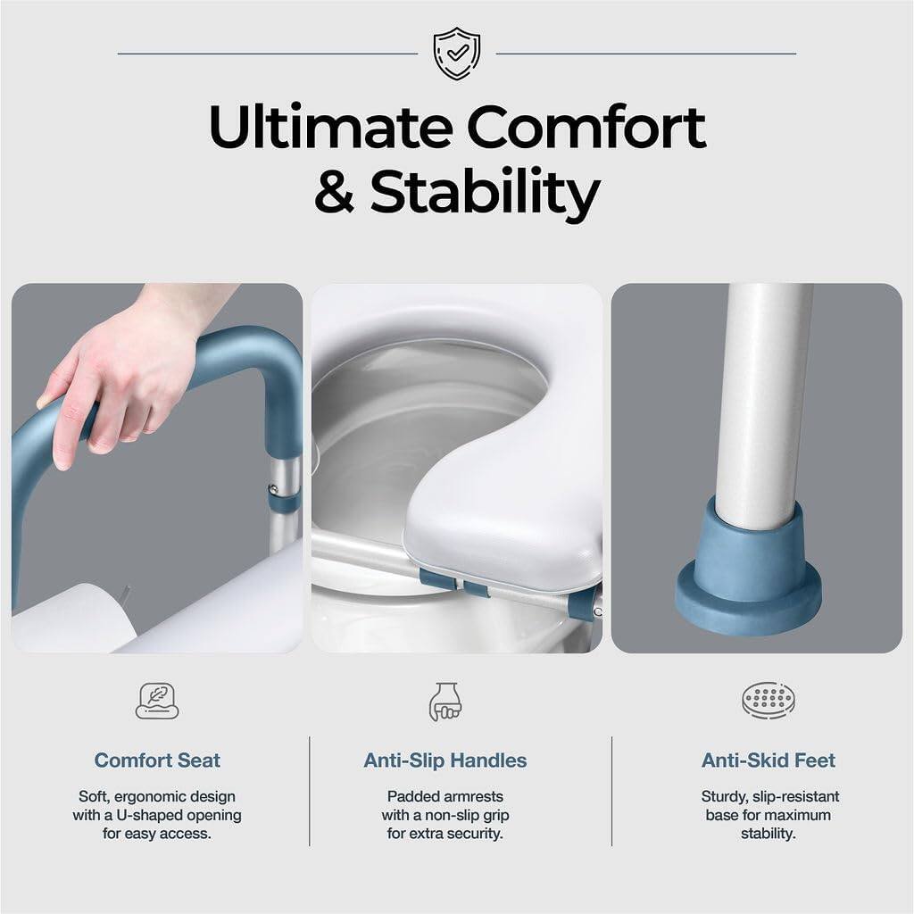 Ultimate Comfort & Stability

- Comfort Seat
  - Soft, ergonomic design with a U-shaped opening for easy access.

- Anti-Slip Handles
  - Padded armrests with a non-slip grip for extra security.

- Anti-Skid Feet
  - Sturdy, slip-resistant base for maximum stability.