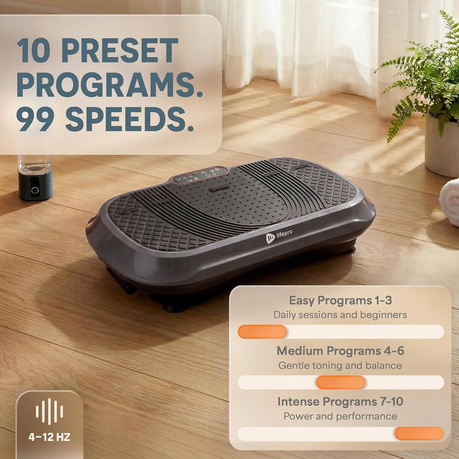 10 PRESET PROGRAMS. 99 SPEEDS.

Lesseduca
lifepro

Easy Programs 1-3
Daily sessions and beginners

Medium Programs 4-6
Gentle toning and balance

Intense Programs 7-10
Power and performance

4-12 HZ