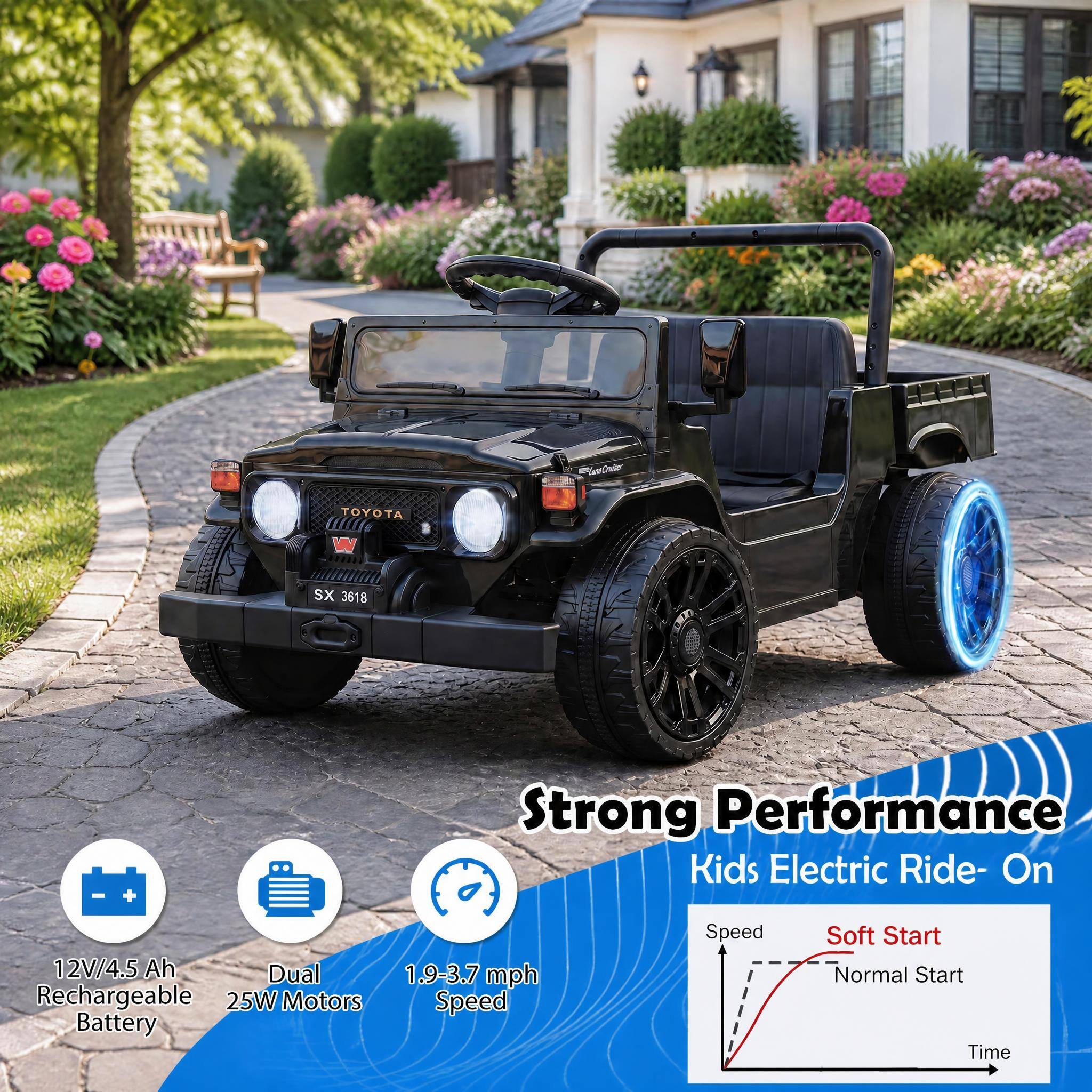 TOYOTA  
SX 3618  

Strong Performance Kids Electric Ride-On  
12V/4.5 Ah Rechargeable Battery  
Dual 25W Motors  
1.9-3.7 mph Speed  

Speed  
Soft Start  
Normal Start Time
