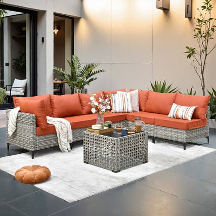Front. Ovios - 7 PCS Outdoor Patio Furniture Rattan Sectional Sofa with Coffee Table for Backyard - Coarse Orange Red.
