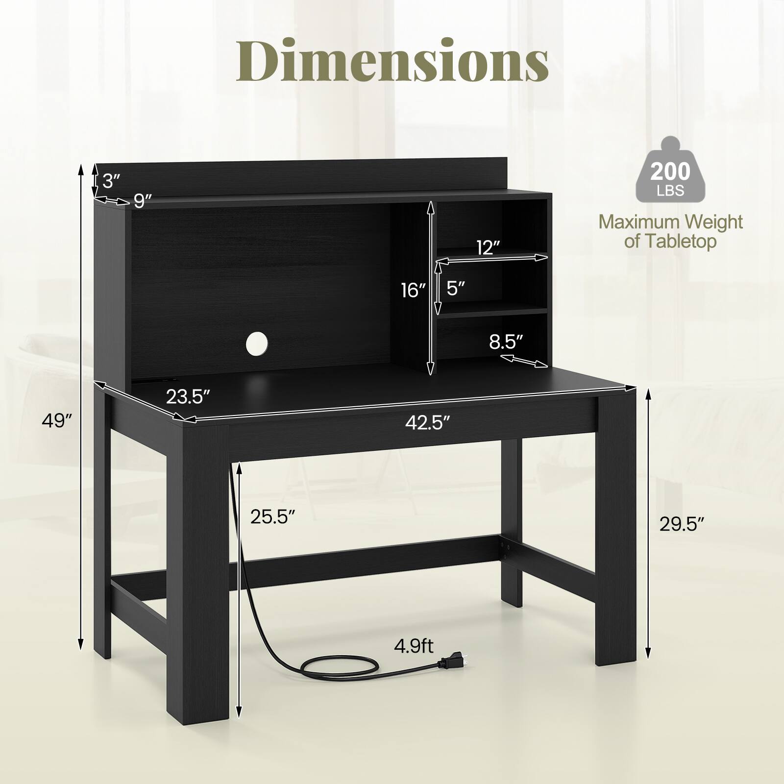 Dimensions:
- Height: 3"
- Width: 49"
- Depth: 23.5"
- Tabletop Width: 42.5"
- Tabletop Depth: 29.5"
- Drawer Height: 5"
- Drawer Width: 16"
- Drawer Depth: 8.5"
- Shelf Height: 12"
- Shelf Width: 25.5"
- Total Height: 4.9ft

Maximum Weight of Tabletop: 200 LBS